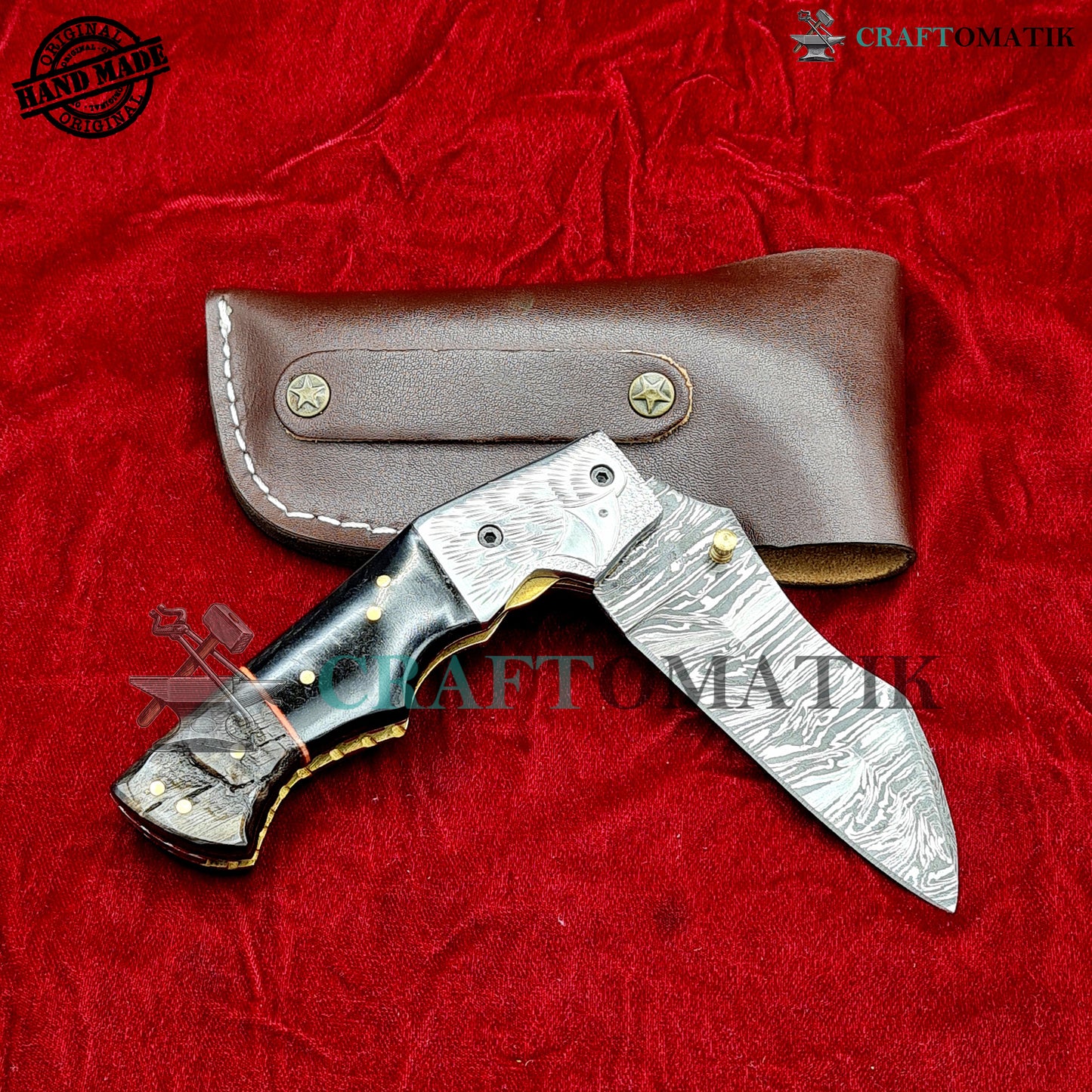 Eagle Damascus Folding Knife | Pocket Knife Jack Knife | Engraved Steel, Buffalo Horn, Ram Horn, Brass Pins Grip | Handmade Damascus Outdoor Camping Knife | FK57