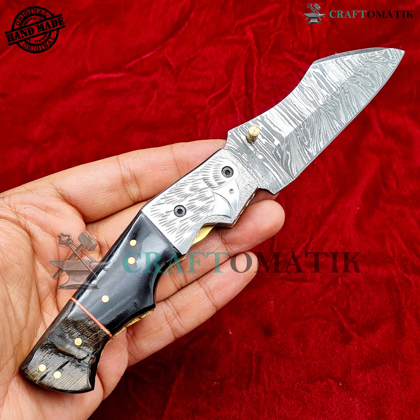 Eagle Damascus Folding Knife | Pocket Knife Jack Knife | Engraved Steel, Buffalo Horn, Ram Horn, Brass Pins Grip | Handmade Damascus Outdoor Camping Knife | FK57