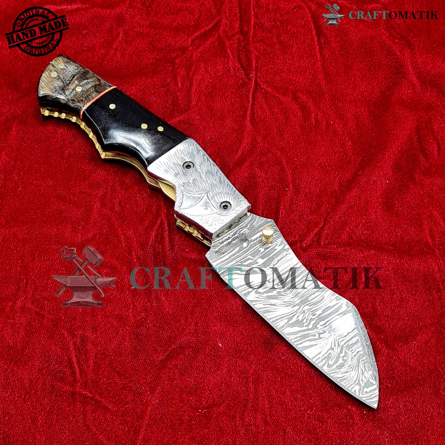 Eagle Damascus Folding Knife | Pocket Knife Jack Knife | Engraved Steel, Buffalo Horn, Ram Horn, Brass Pins Grip | Handmade Damascus Outdoor Camping Knife | FK57