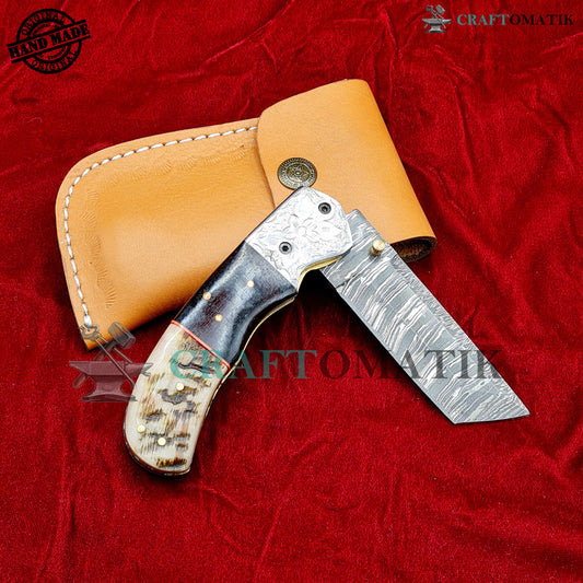 Damascus Folding Knife | Flower Engraved Pocket Knife Jack Knife | Micarta Resin, Ram Horn, Steel, Brass Pins Grip | Handmade Damascus Outdoor Camping Knife | FK59