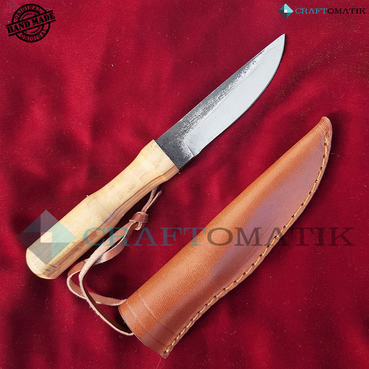 Mittelalter Messer | Handgefertigt Messer | Wikinger Messer | 21 cm | Carbonstahl + Olivenholz | Messertasche | LARP | HFK25