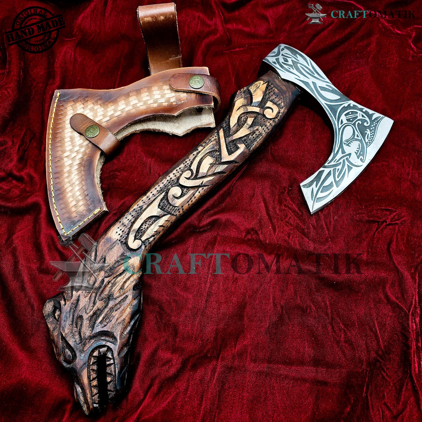 Viking Bearded Axe | Dragon Axe 40 cm / 16 inches| Garden and Outdoor Axe | 1045 High Carbon Steel blade | Dragon Engraved Wood Handle | Leather Sheath | Gift Axe | VAX01