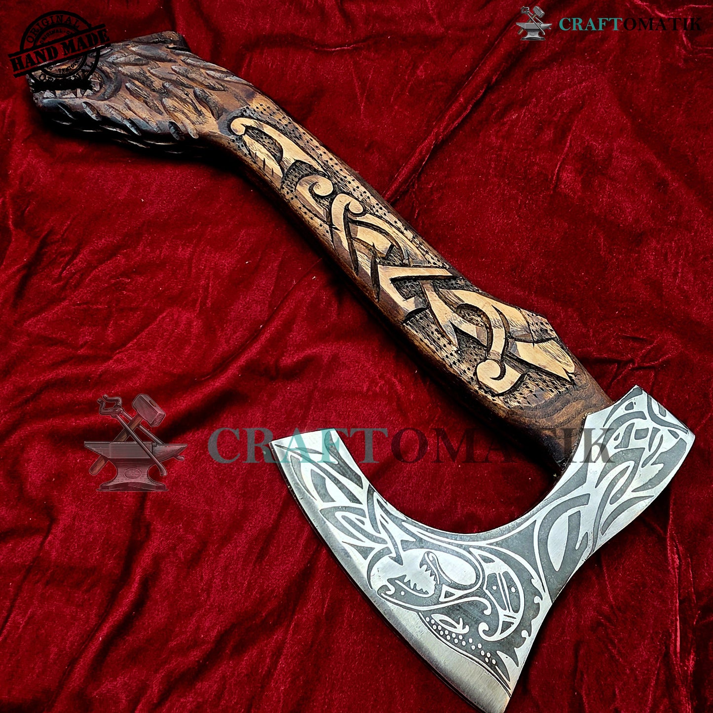 Viking Bearded Axe | Dragon Axe 40 cm / 16 inches| Garden and Outdoor Axe | 1045 High Carbon Steel blade | Dragon Engraved Wood Handle | Leather Sheath | Gift Axe | VAX01