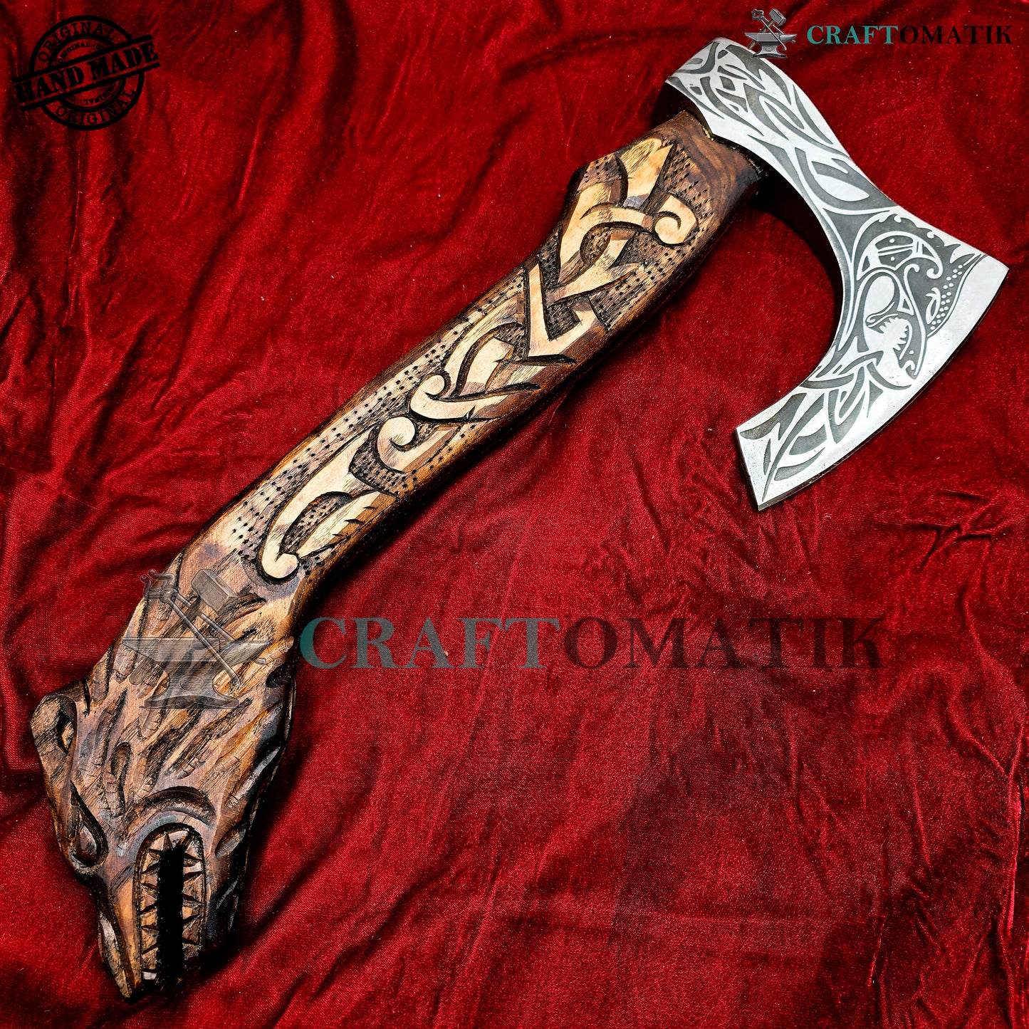 Viking Bearded Axe | Dragon Axe 40 cm / 16 inches| Garden and Outdoor Axe | 1045 High Carbon Steel blade | Dragon Engraved Wood Handle | Leather Sheath | Gift Axe | VAX01