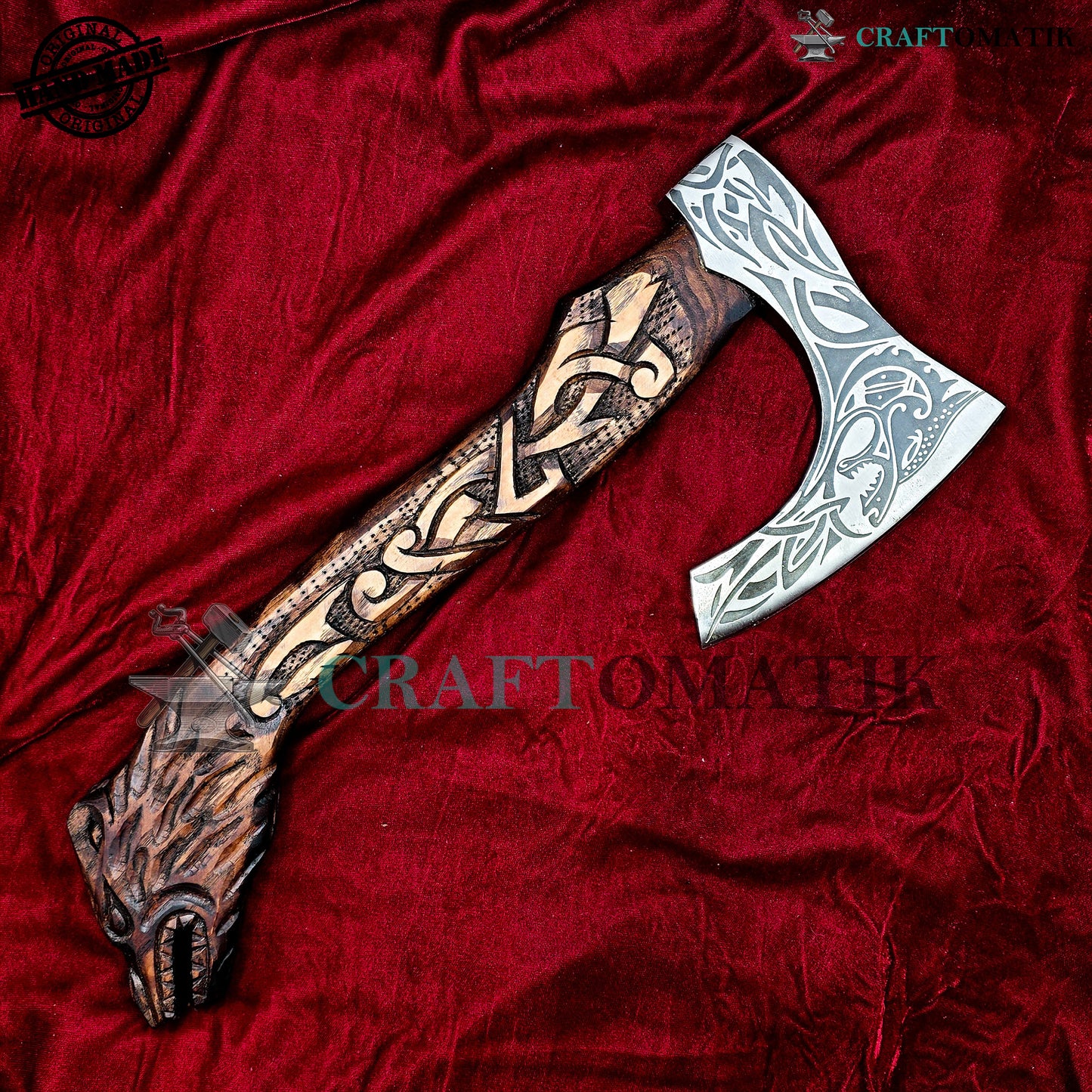 Viking Bearded Axe | Dragon Axe 40 cm / 16 inches| Garden and Outdoor Axe | 1045 High Carbon Steel blade | Dragon Engraved Wood Handle | Leather Sheath | Gift Axe | VAX01