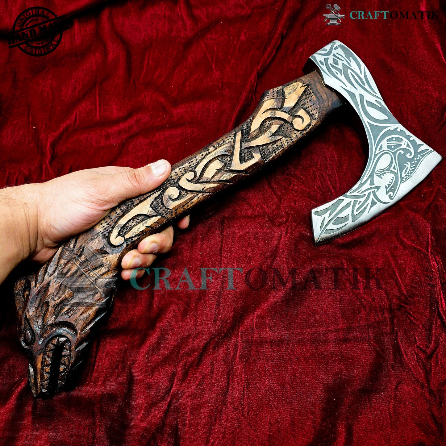 Viking Bearded Axe | Dragon Axe 40 cm / 16 inches| Garden and Outdoor Axe | 1045 High Carbon Steel blade | Dragon Engraved Wood Handle | Leather Sheath | Gift Axe | VAX01