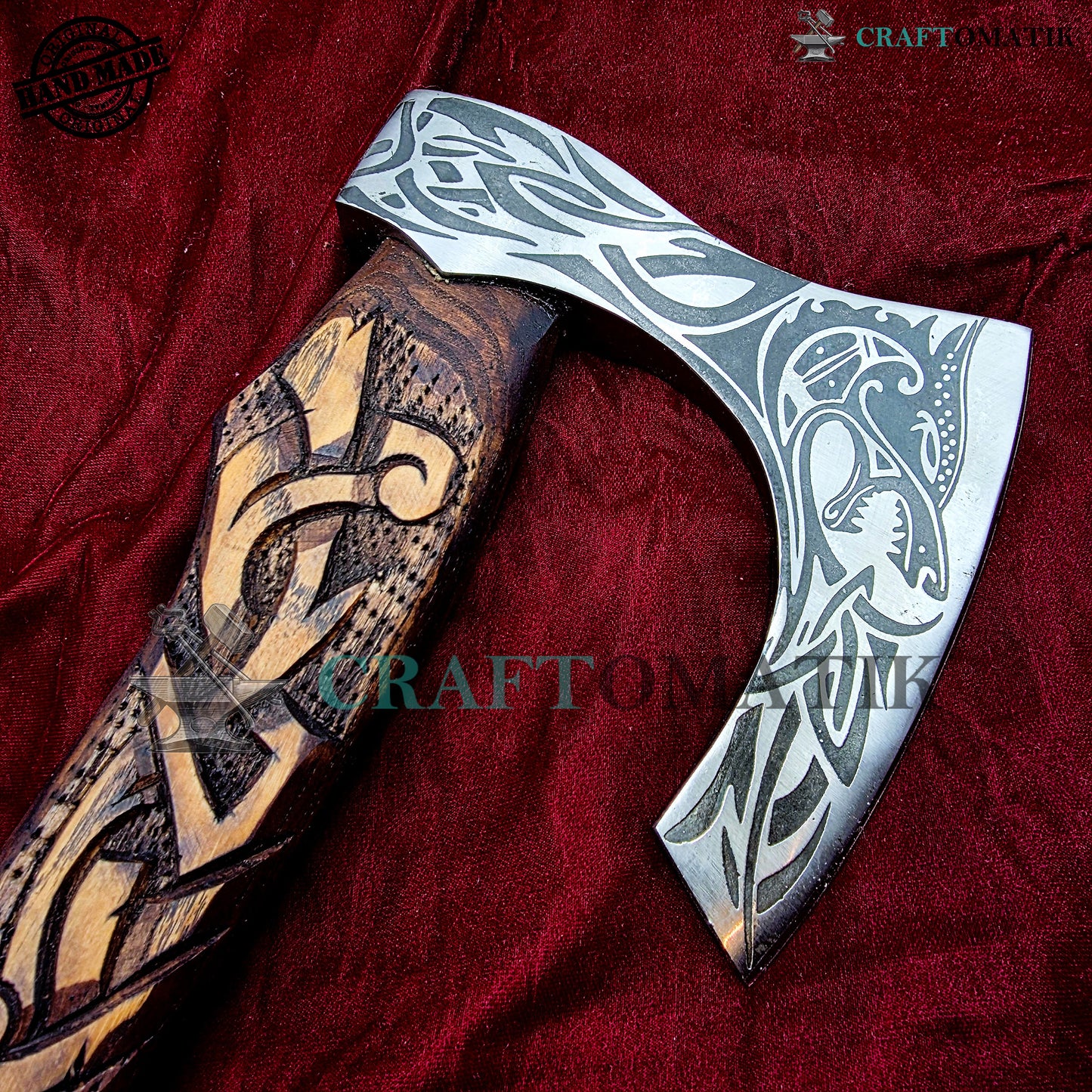 Viking Bearded Axe | Dragon Axe 40 cm / 16 inches| Garden and Outdoor Axe | 1045 High Carbon Steel blade | Dragon Engraved Wood Handle | Leather Sheath | Gift Axe | VAX01
