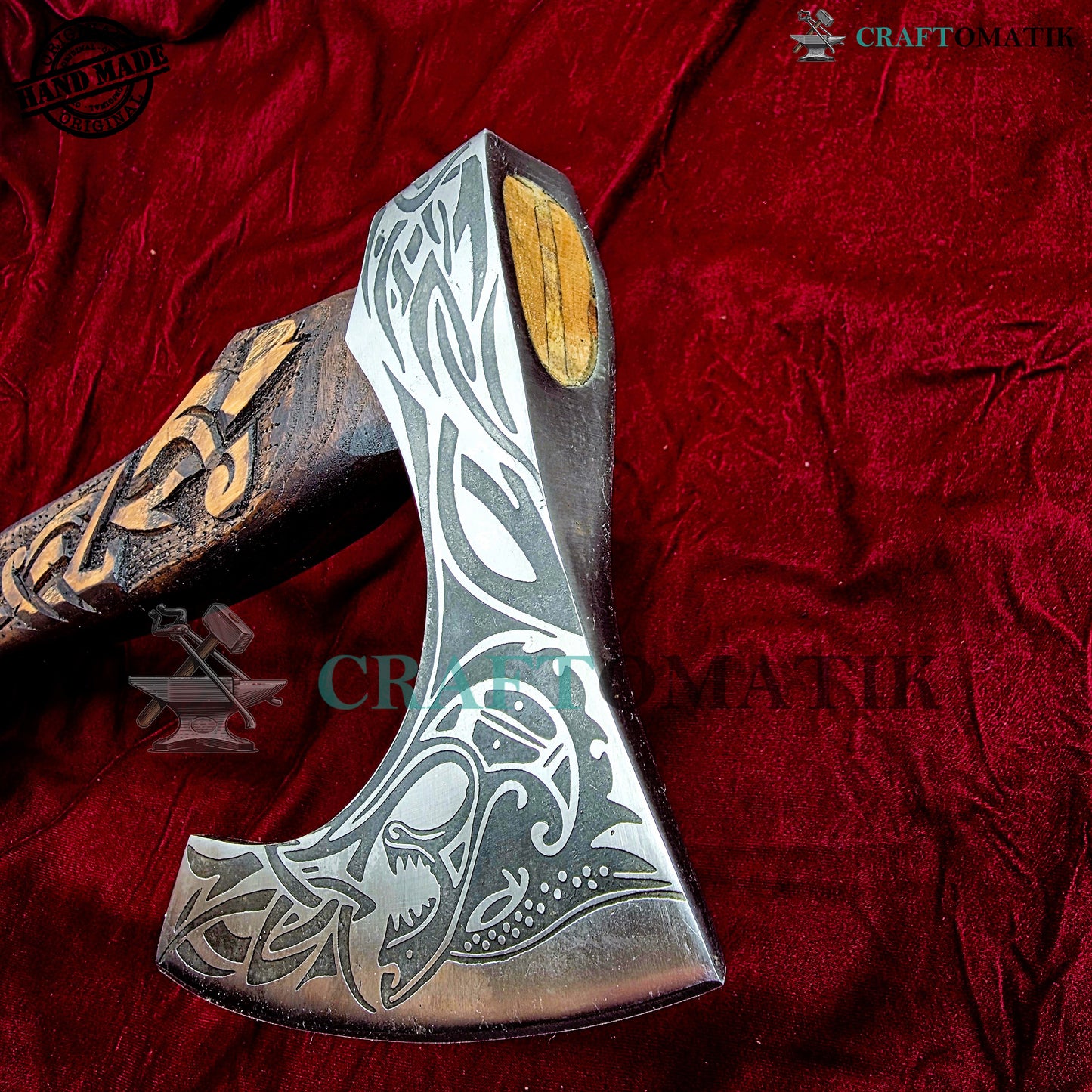 Viking Bearded Axe | Dragon Axe 40 cm / 16 inches| Garden and Outdoor Axe | 1045 High Carbon Steel blade | Dragon Engraved Wood Handle | Leather Sheath | Gift Axe | VAX01