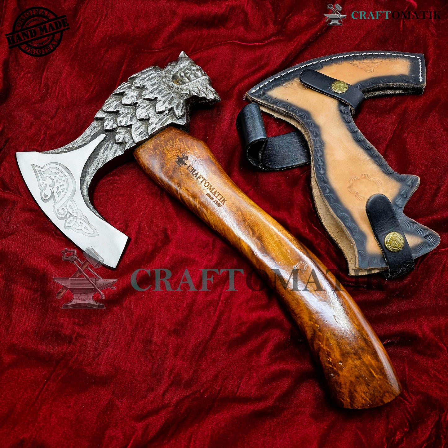 Viking Bearded Axe | Lion Axe 33 cm / 13 inches| Garden and Outdoor Axe | 1045 High Carbon Steel Lion blade | Dark Brown Wood Handle | Leather Sheath | Gift Axe | VAX02