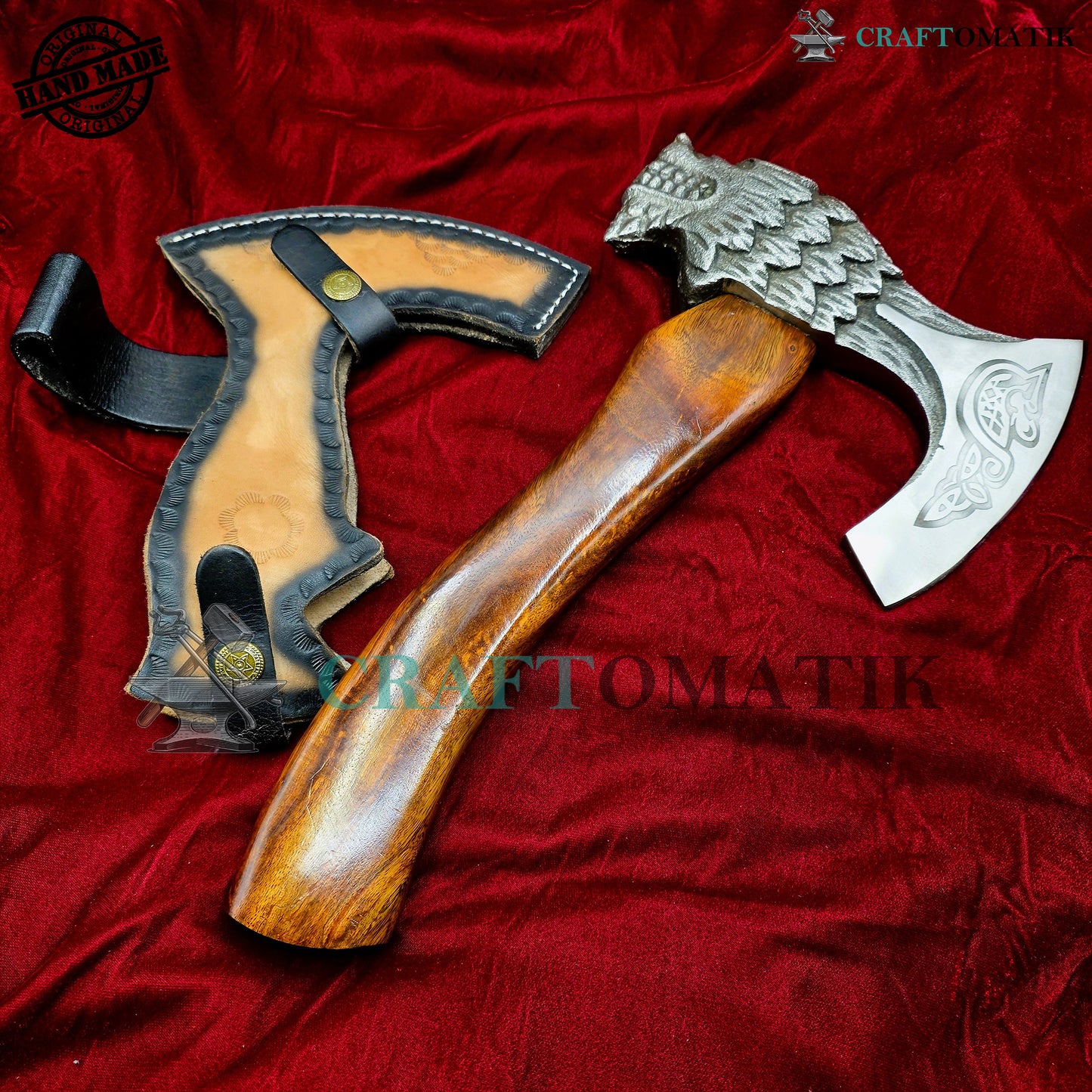 Viking Bearded Axe | Lion Axe 33 cm / 13 inches| Garden and Outdoor Axe | 1045 High Carbon Steel Lion blade | Dark Brown Wood Handle | Leather Sheath | Gift Axe | VAX02