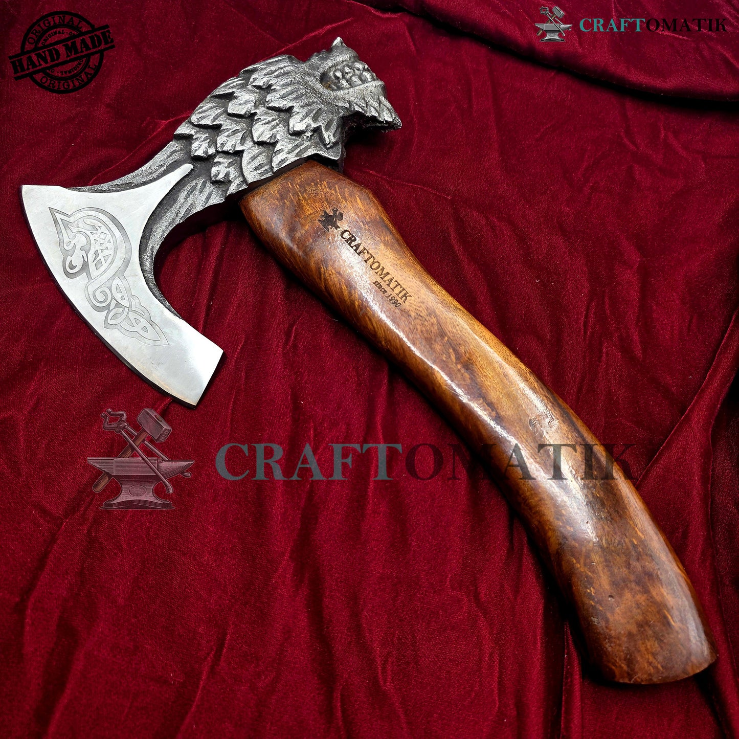 Viking Bearded Axe | Lion Axe 33 cm / 13 inches| Garden and Outdoor Axe | 1045 High Carbon Steel Lion blade | Dark Brown Wood Handle | Leather Sheath | Gift Axe | VAX02