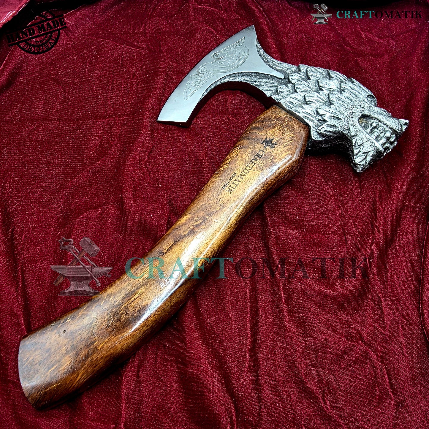 Viking Bearded Axe | Lion Axe 33 cm / 13 inches| Garden and Outdoor Axe | 1045 High Carbon Steel Lion blade | Dark Brown Wood Handle | Leather Sheath | Gift Axe | VAX02