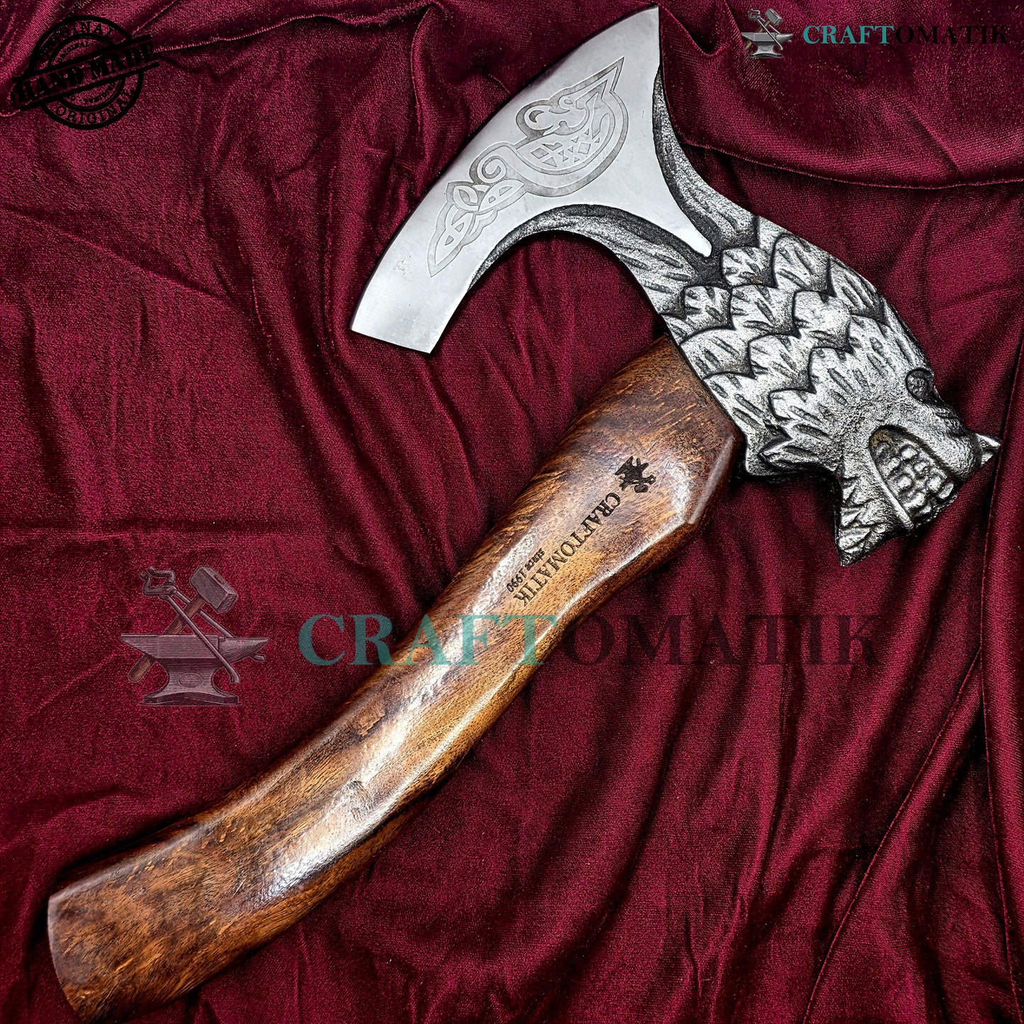 Viking Bearded Axe | Lion Axe 33 cm / 13 inches| Garden and Outdoor Axe | 1045 High Carbon Steel Lion blade | Dark Brown Wood Handle | Leather Sheath | Gift Axe | VAX02