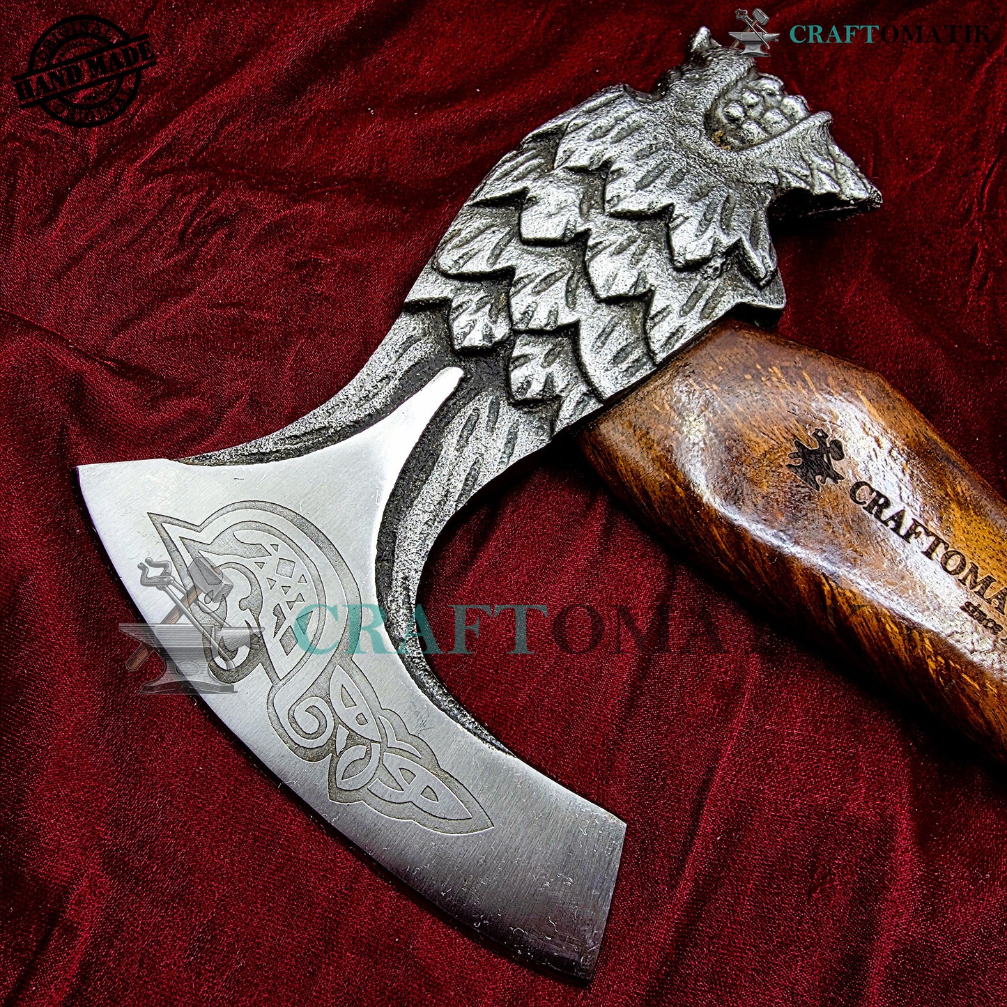 Viking Bearded Axe | Lion Axe 33 cm / 13 inches| Garden and Outdoor Axe | 1045 High Carbon Steel Lion blade | Dark Brown Wood Handle | Leather Sheath | Gift Axe | VAX02