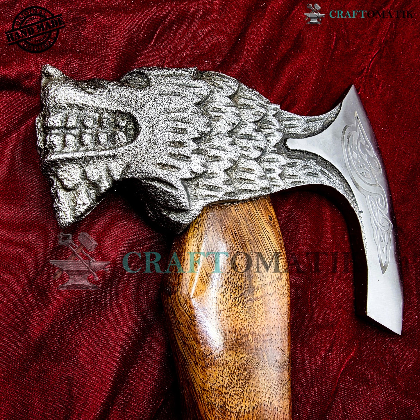 Viking Bearded Axe | Lion Axe 33 cm / 13 inches| Garden and Outdoor Axe | 1045 High Carbon Steel Lion blade | Dark Brown Wood Handle | Leather Sheath | Gift Axe | VAX02