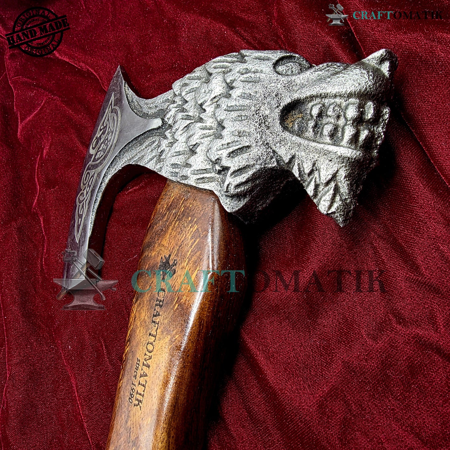 Viking Bearded Axe | Lion Axe 33 cm / 13 inches| Garden and Outdoor Axe | 1045 High Carbon Steel Lion blade | Dark Brown Wood Handle | Leather Sheath | Gift Axe | VAX02
