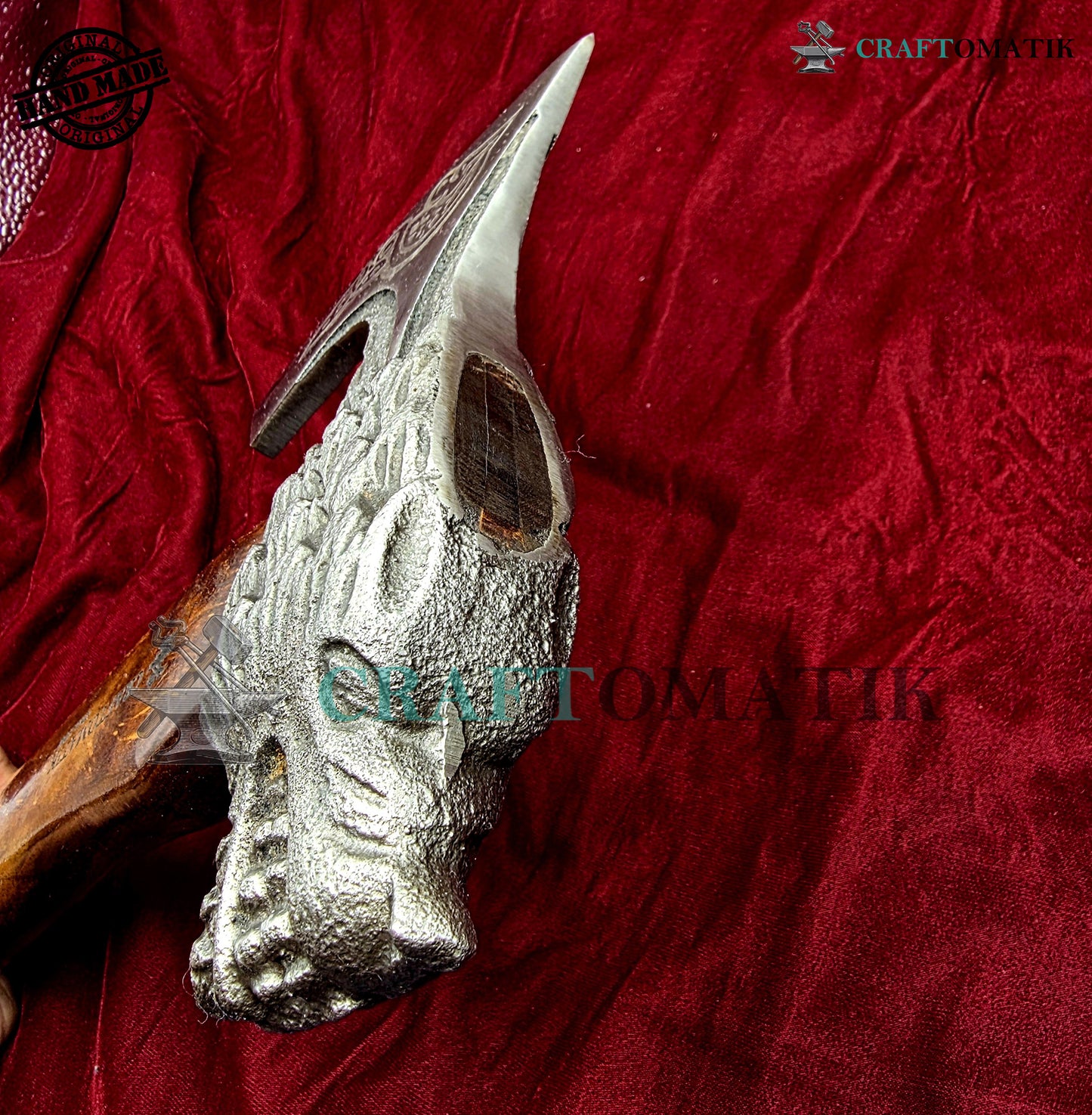 Viking Bearded Axe | Lion Axe 33 cm / 13 inches| Garden and Outdoor Axe | 1045 High Carbon Steel Lion blade | Dark Brown Wood Handle | Leather Sheath | Gift Axe | VAX02