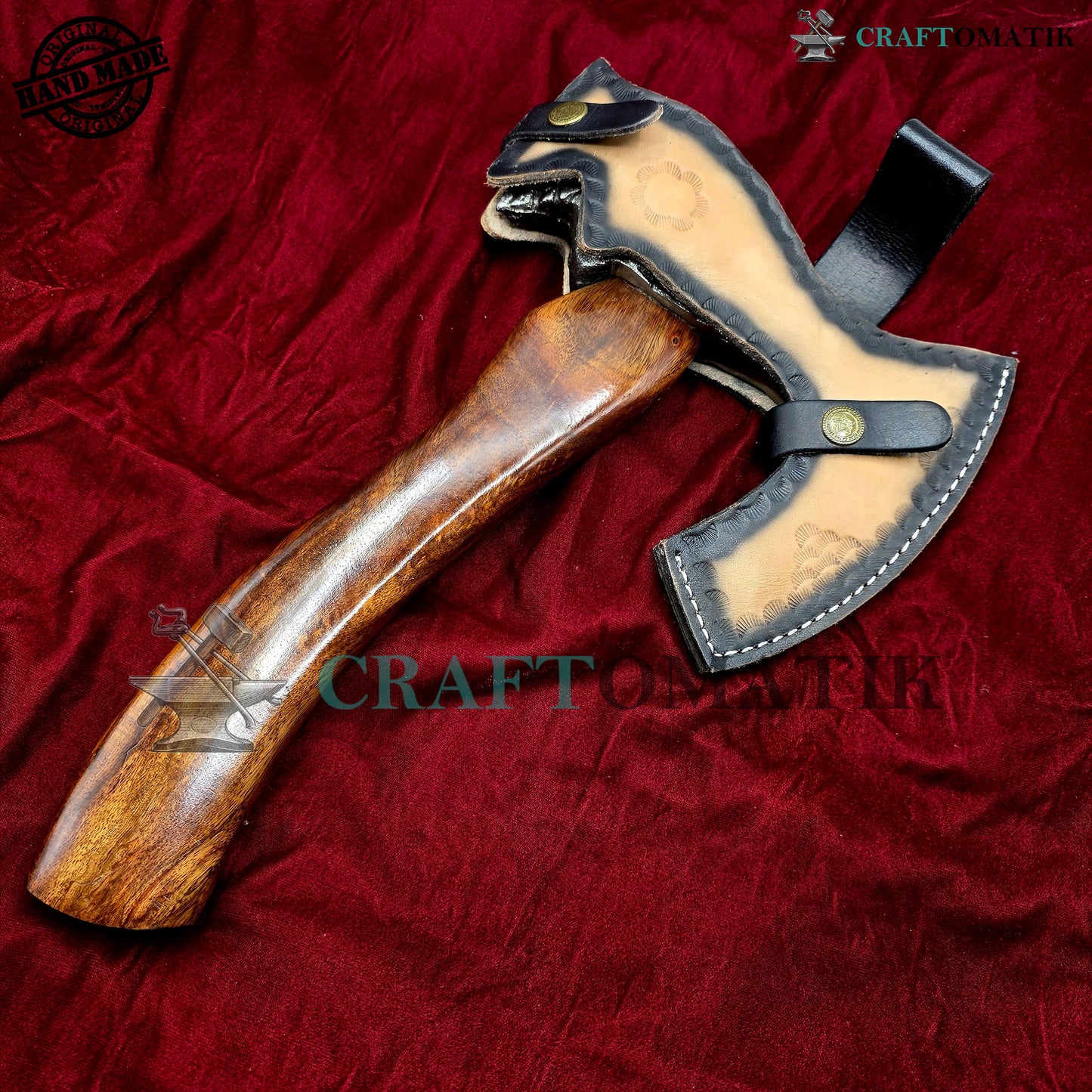 Viking Bearded Axe | Lion Axe 33 cm / 13 inches| Garden and Outdoor Axe | 1045 High Carbon Steel Lion blade | Dark Brown Wood Handle | Leather Sheath | Gift Axe | VAX02