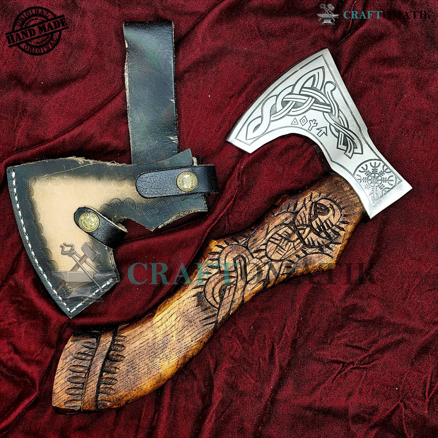 Viking Bearded Axe | Medieval Axe 30 cm / 12 inches| Garden and Outdoor Axe | 1045 High Carbon Steel | Dark Brown Wood Handle | Leather Sheath | Gift Axe | VAX05