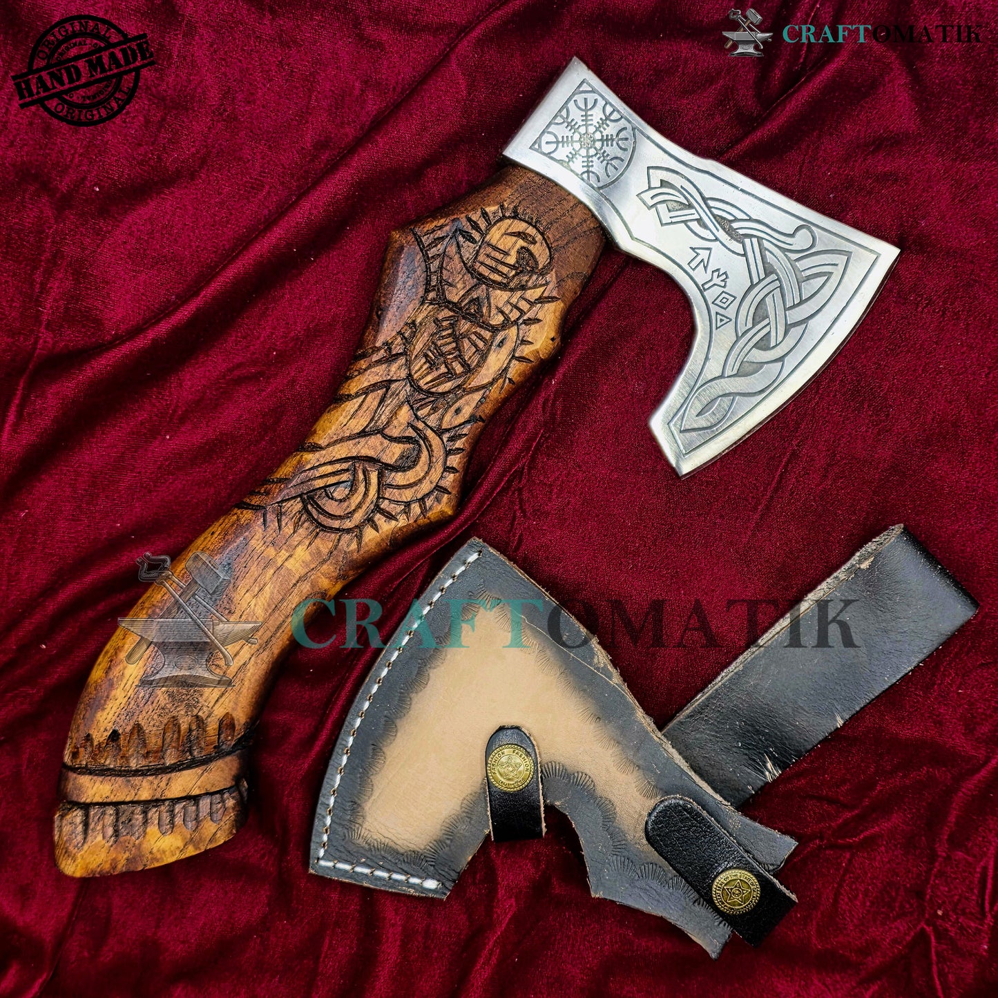 Viking Bearded Axe | Medieval Axe 30 cm / 12 inches| Garden and Outdoor Axe | 1045 High Carbon Steel | Dark Brown Wood Handle | Leather Sheath | Gift Axe | VAX05