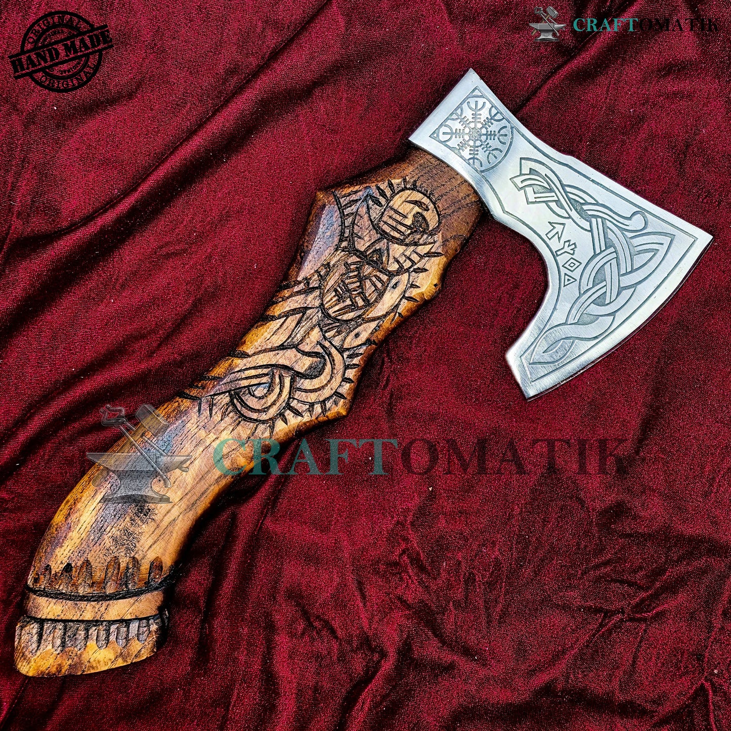 Viking Bearded Axe | Medieval Axe 30 cm / 12 inches| Garden and Outdoor Axe | 1045 High Carbon Steel | Dark Brown Wood Handle | Leather Sheath | Gift Axe | VAX05