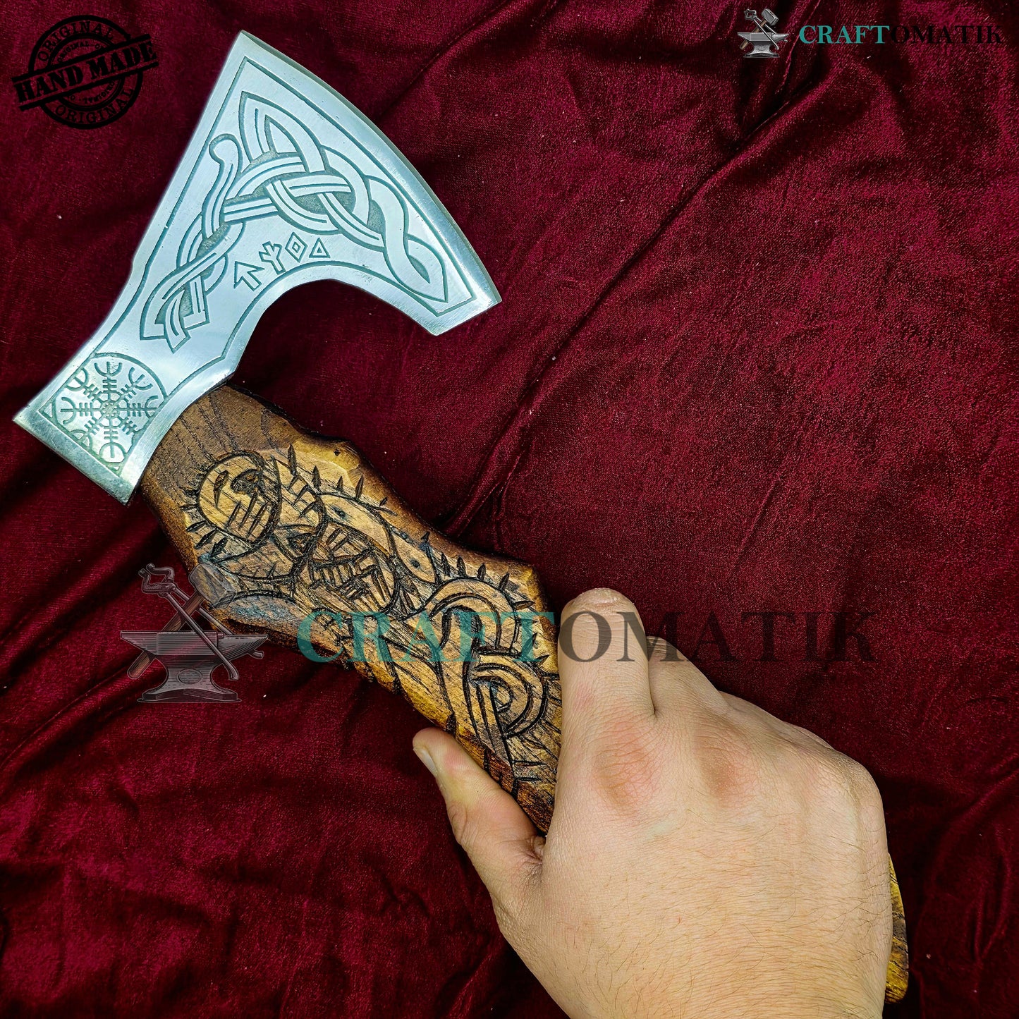 Viking Bearded Axe | Medieval Axe 30 cm / 12 inches| Garden and Outdoor Axe | 1045 High Carbon Steel | Dark Brown Wood Handle | Leather Sheath | Gift Axe | VAX05