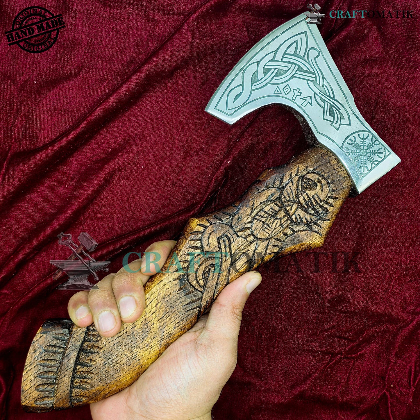 Viking Bearded Axe | Medieval Axe 30 cm / 12 inches| Garden and Outdoor Axe | 1045 High Carbon Steel | Dark Brown Wood Handle | Leather Sheath | Gift Axe | VAX05