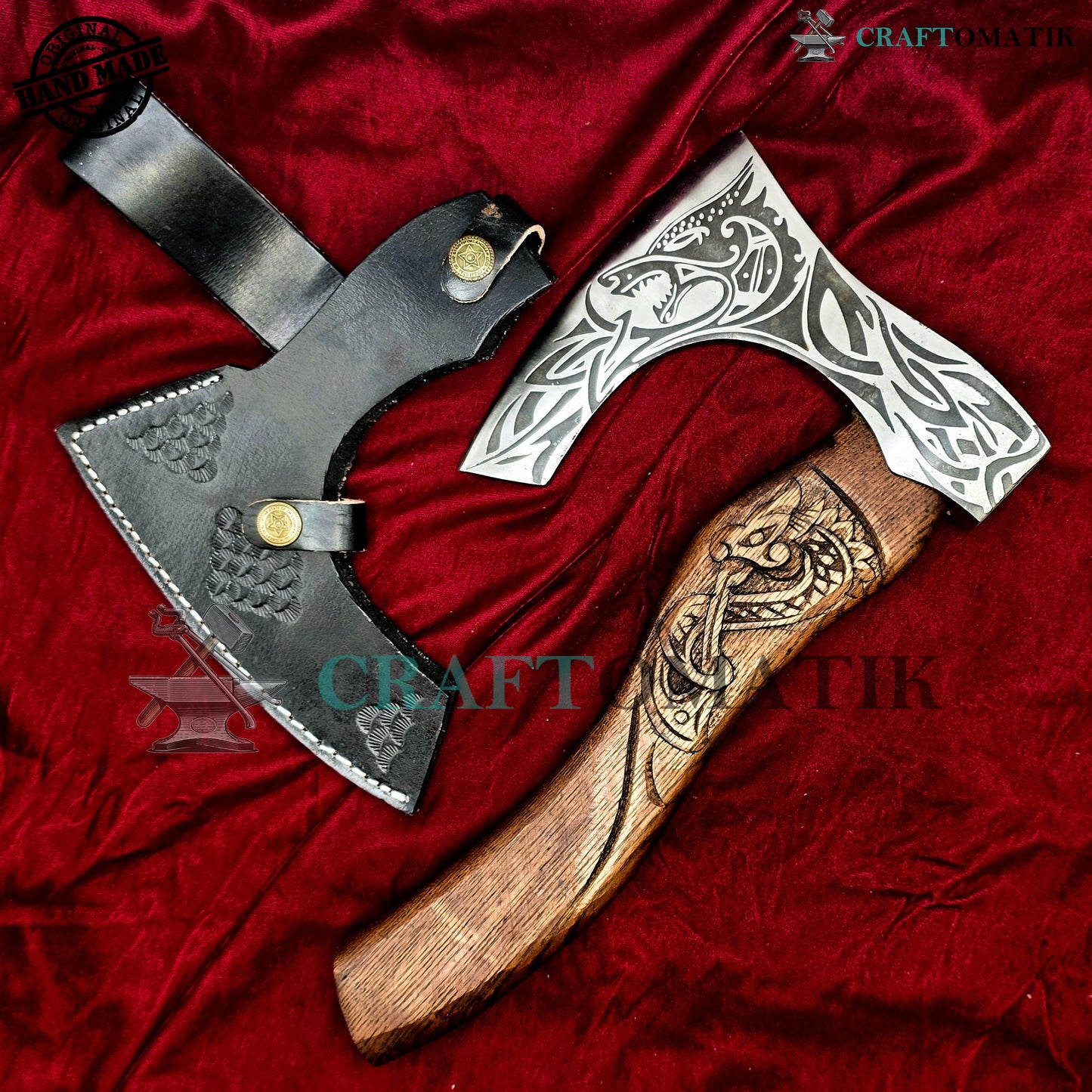 Viking Bearded Axe | Dragon Axe 30 cm / 12 inches| Garden and Outdoor Axe | 1045 High Carbon Steel | Dark Brown Wood Handle | Leather Sheath | Gift Axe | VAX06