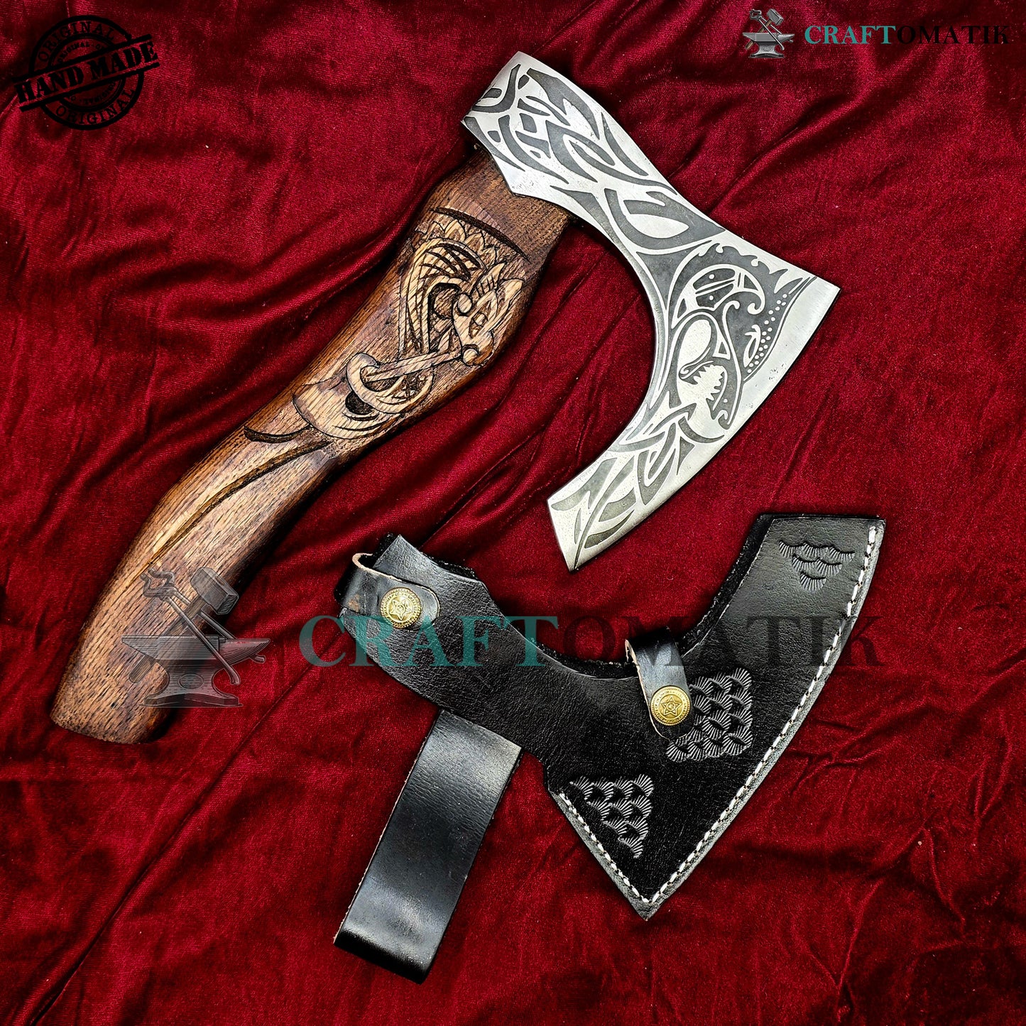 Viking Bearded Axe | Dragon Axe 30 cm / 12 inches| Garden and Outdoor Axe | 1045 High Carbon Steel | Dark Brown Wood Handle | Leather Sheath | Gift Axe | VAX06