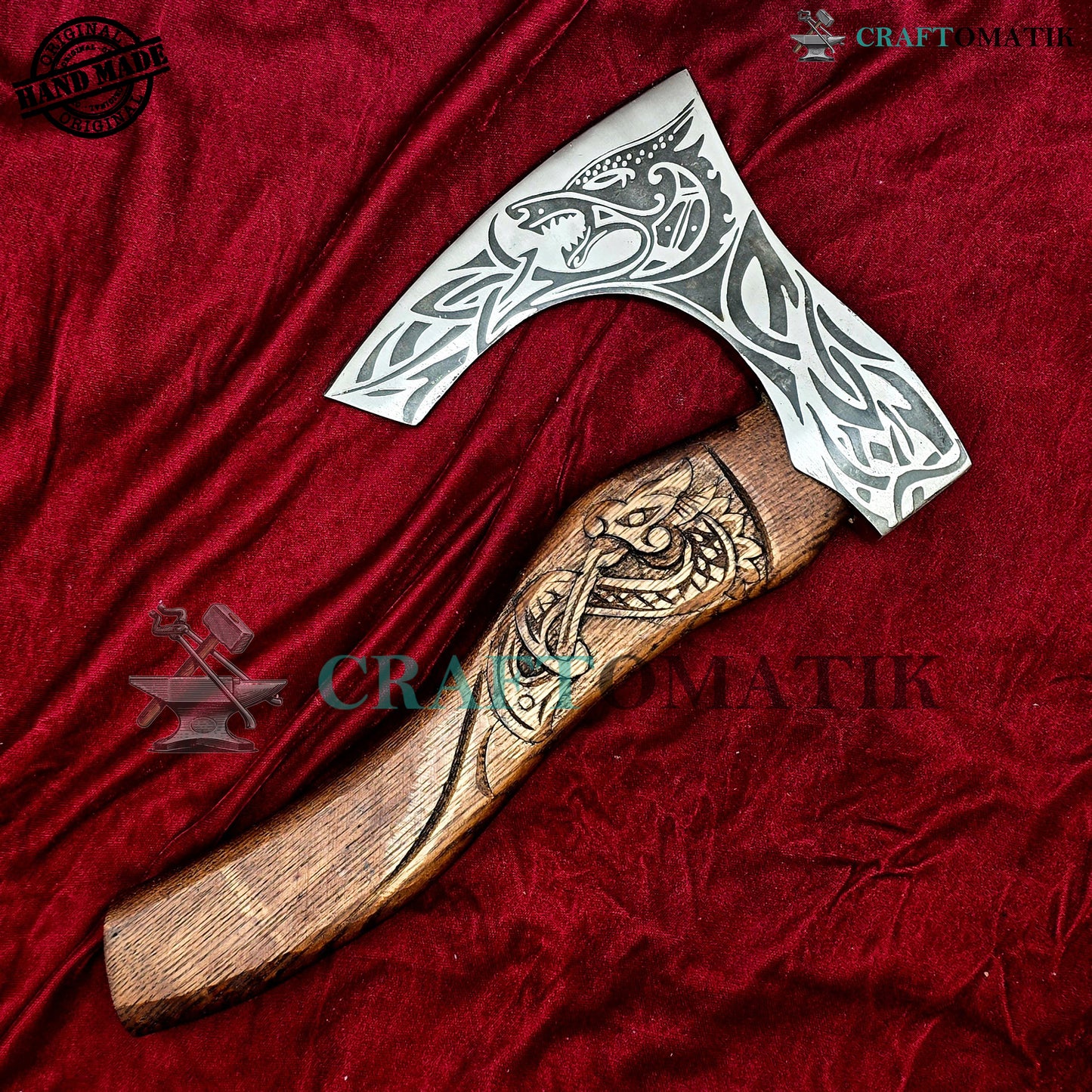 Viking Bearded Axe | Dragon Axe 30 cm / 12 inches| Garden and Outdoor Axe | 1045 High Carbon Steel | Dark Brown Wood Handle | Leather Sheath | Gift Axe | VAX06