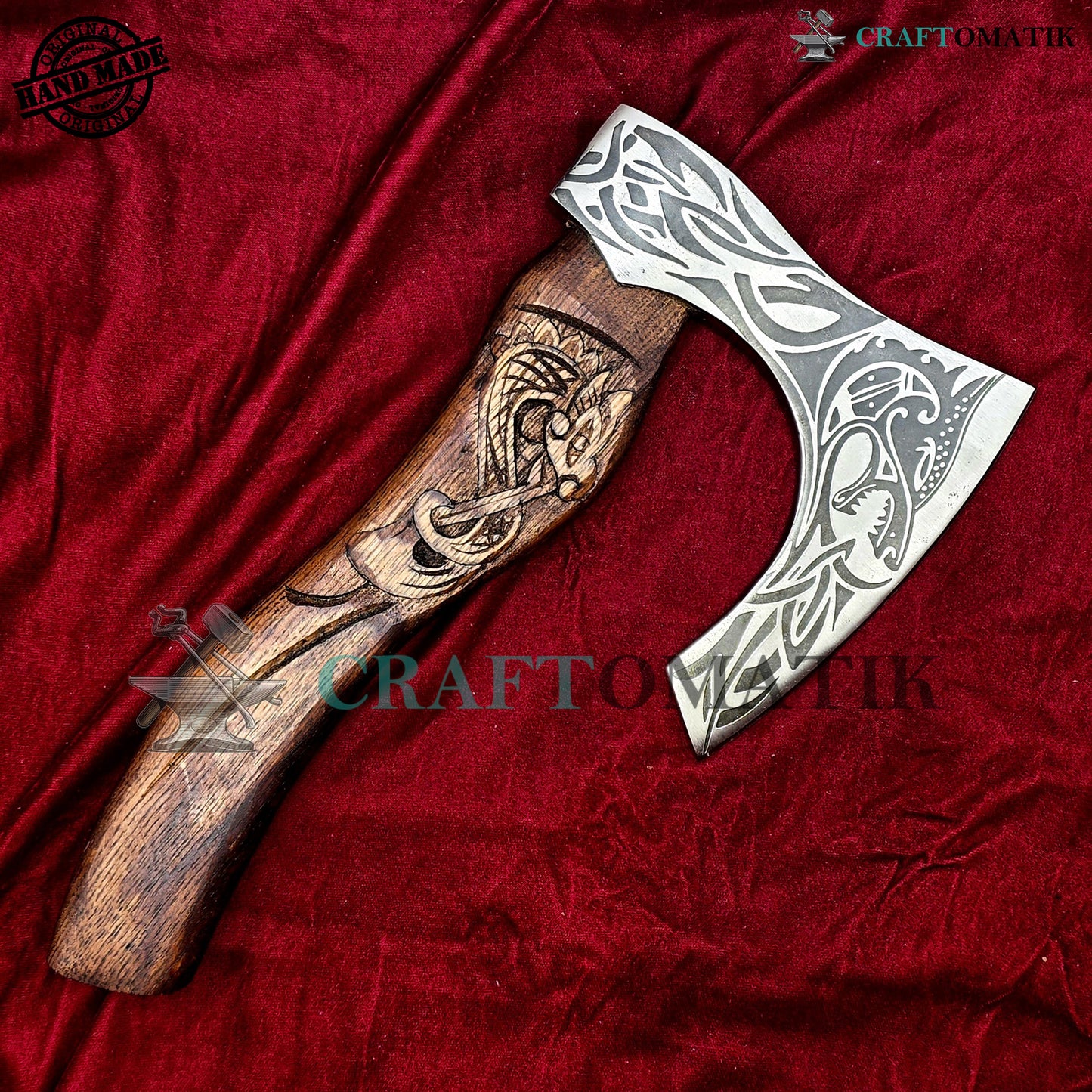 Viking Bearded Axe | Dragon Axe 30 cm / 12 inches| Garden and Outdoor Axe | 1045 High Carbon Steel | Dark Brown Wood Handle | Leather Sheath | Gift Axe | VAX06