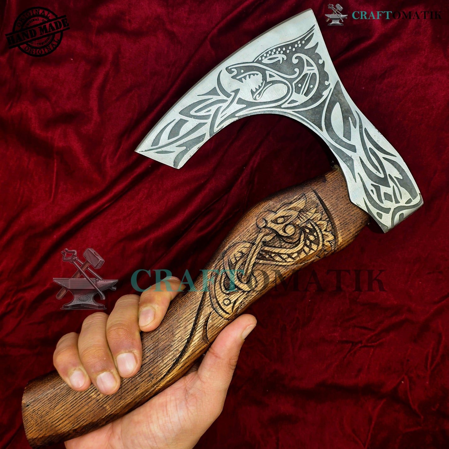 Viking Bearded Axe | Dragon Axe 30 cm / 12 inches| Garden and Outdoor Axe | 1045 High Carbon Steel | Dark Brown Wood Handle | Leather Sheath | Gift Axe | VAX06