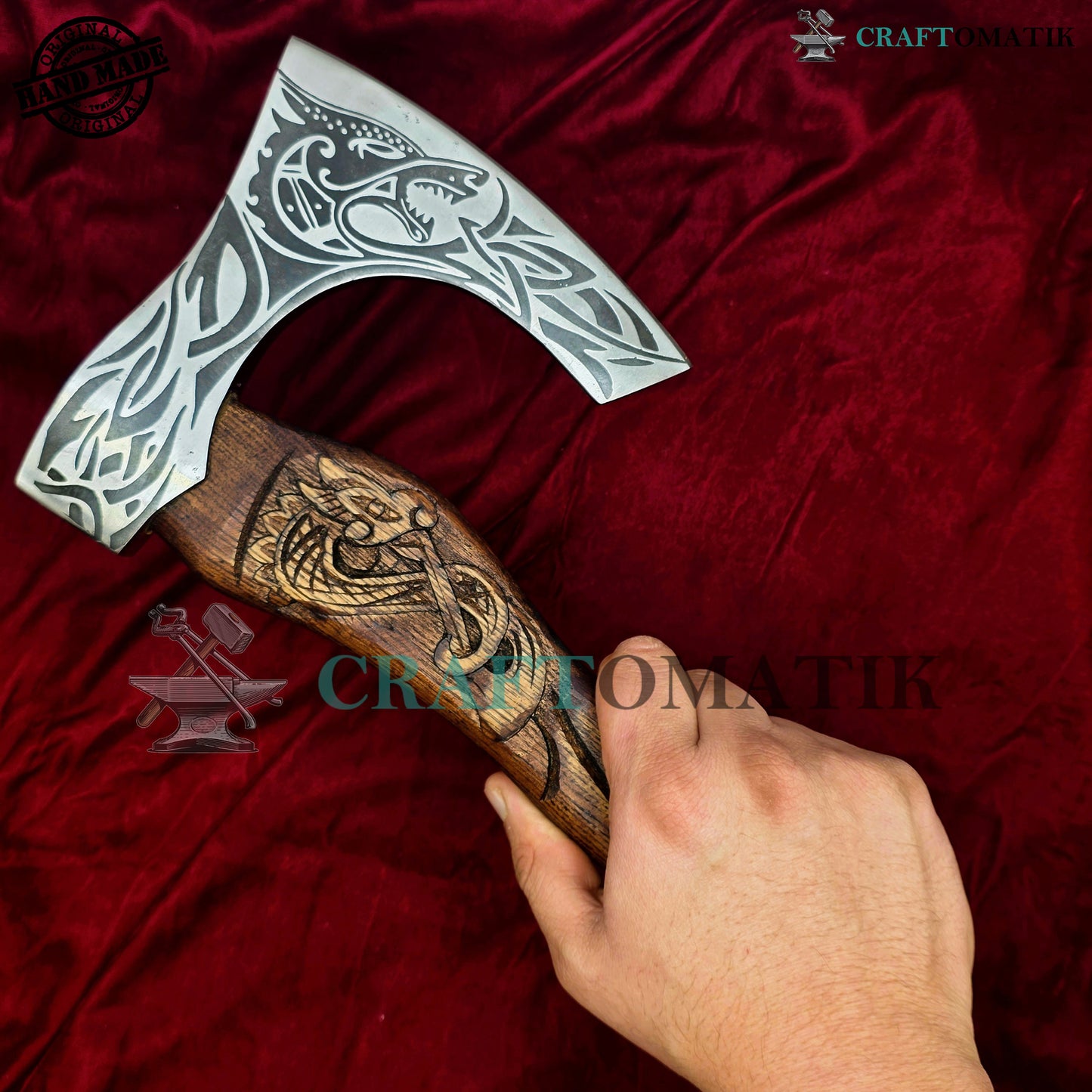Viking Bearded Axe | Dragon Axe 30 cm / 12 inches| Garden and Outdoor Axe | 1045 High Carbon Steel | Dark Brown Wood Handle | Leather Sheath | Gift Axe | VAX06