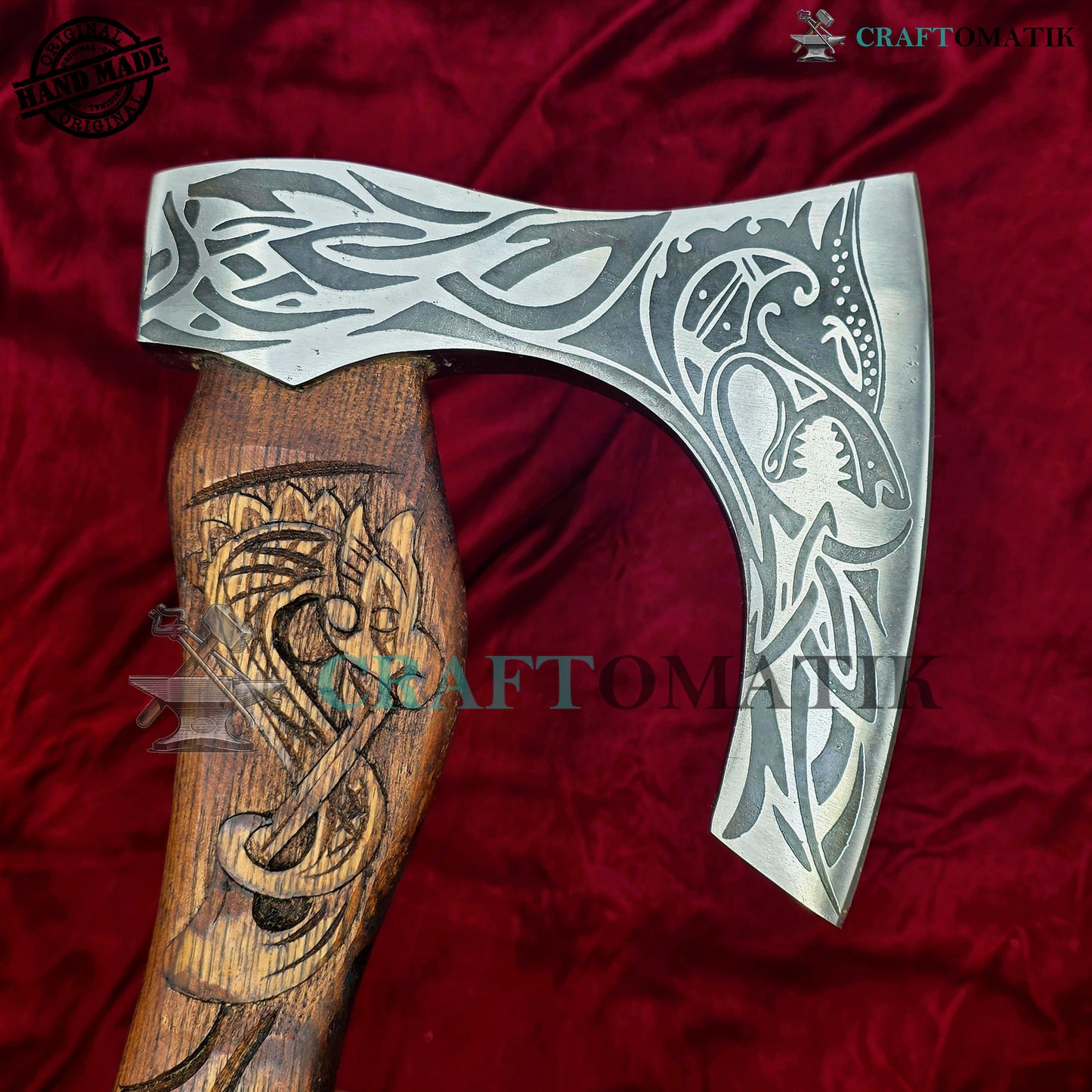 Viking Bearded Axe | Dragon Axe 30 cm / 12 inches| Garden and Outdoor Axe | 1045 High Carbon Steel | Dark Brown Wood Handle | Leather Sheath | Gift Axe | VAX06