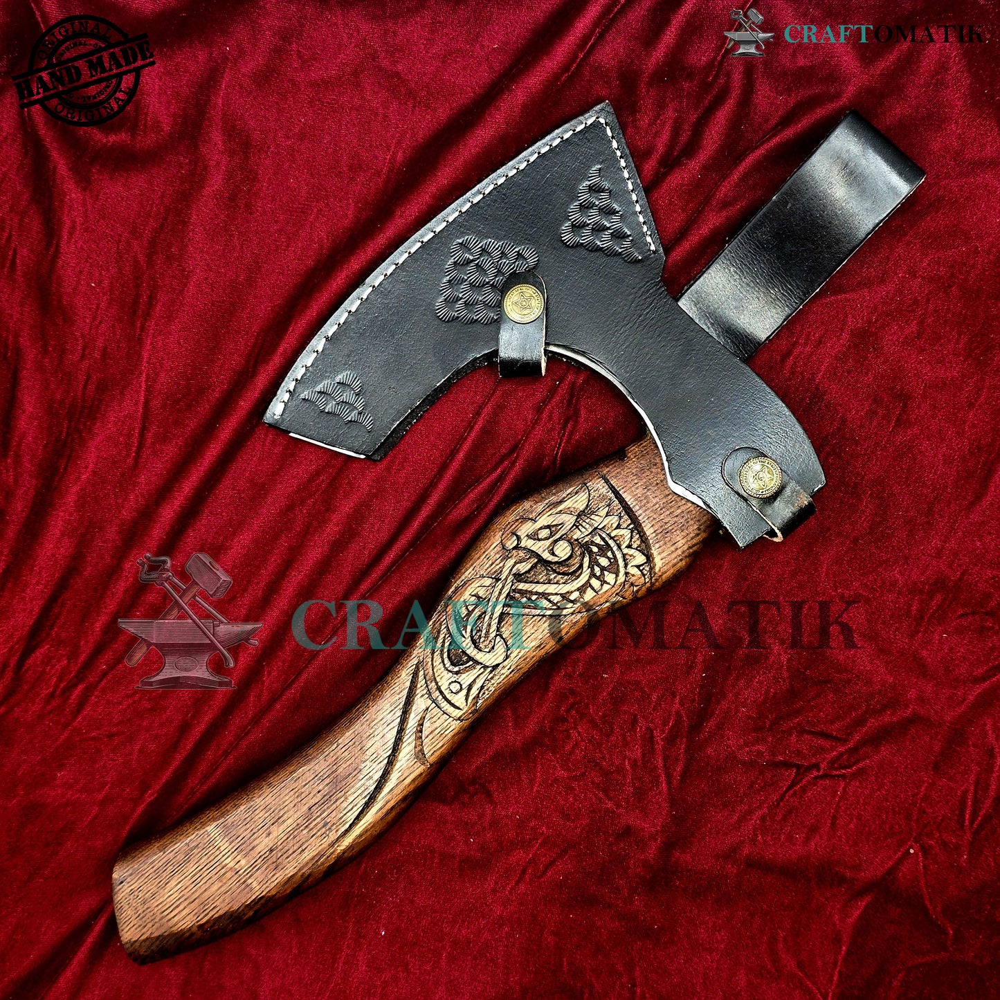 Viking Bearded Axe | Dragon Axe 30 cm / 12 inches| Garden and Outdoor Axe | 1045 High Carbon Steel | Dark Brown Wood Handle | Leather Sheath | Gift Axe | VAX06
