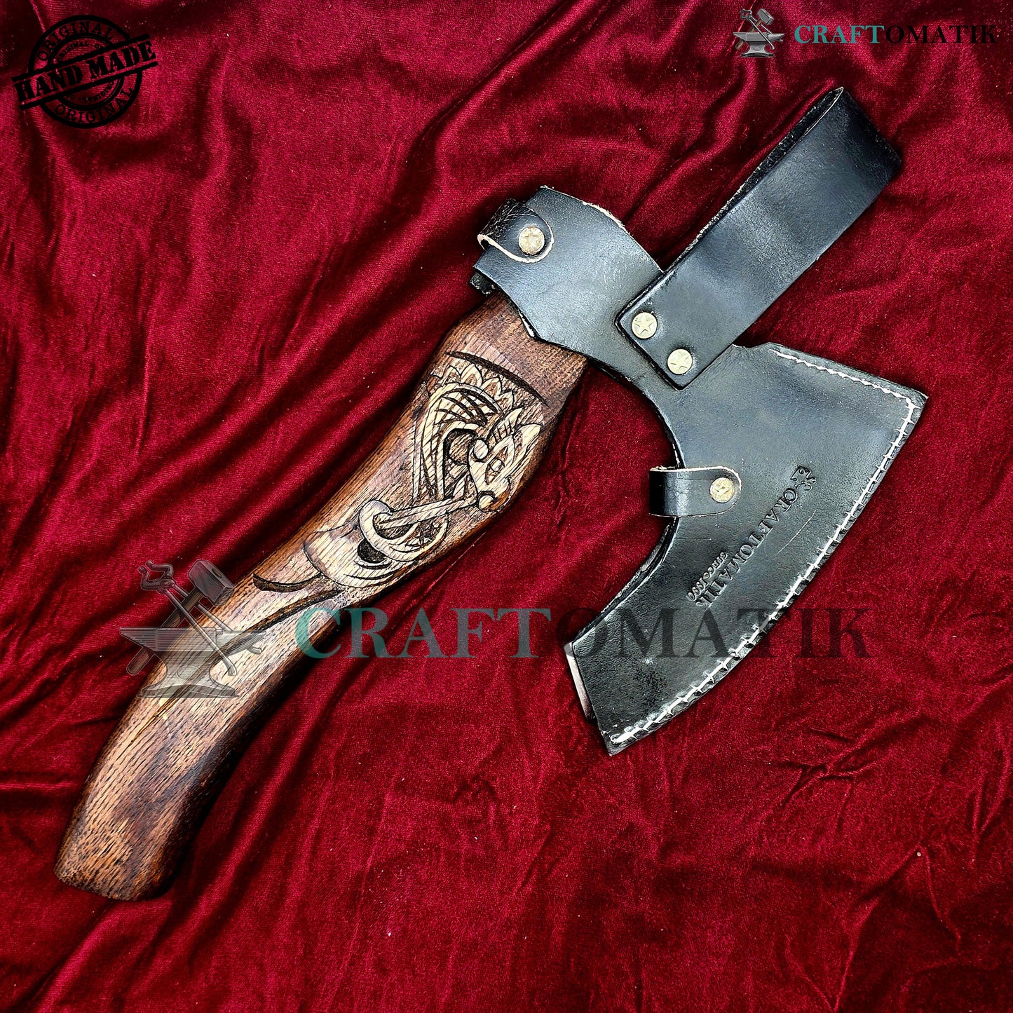 Viking Bearded Axe | Dragon Axe 30 cm / 12 inches| Garden and Outdoor Axe | 1045 High Carbon Steel | Dark Brown Wood Handle | Leather Sheath | Gift Axe | VAX06