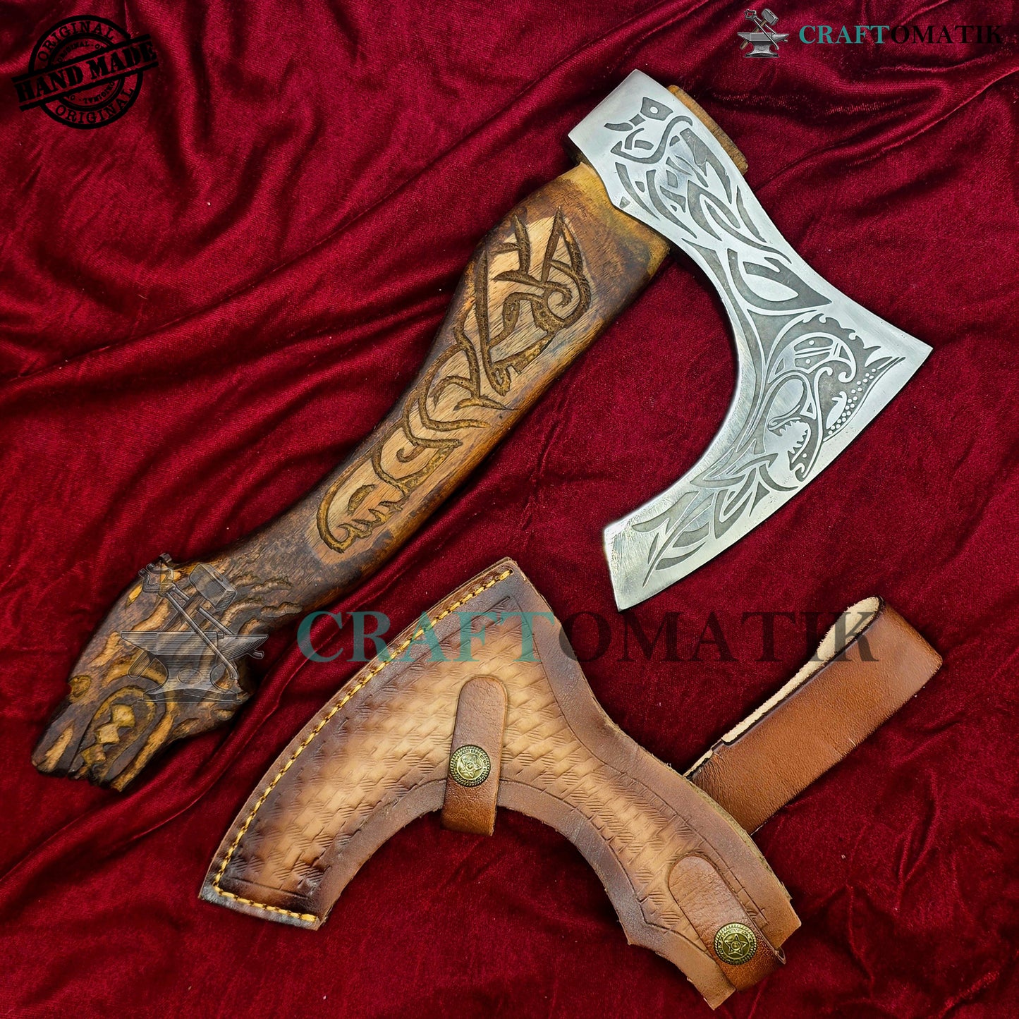 Viking Bearded Axe | Dragon Axe 33 cm / 13 inches| Garden and Outdoor Axe | 1045 High Carbon Steel blade | Dragon Engraved Wood Handle | Leather Sheath | Gift Axe | VAX07