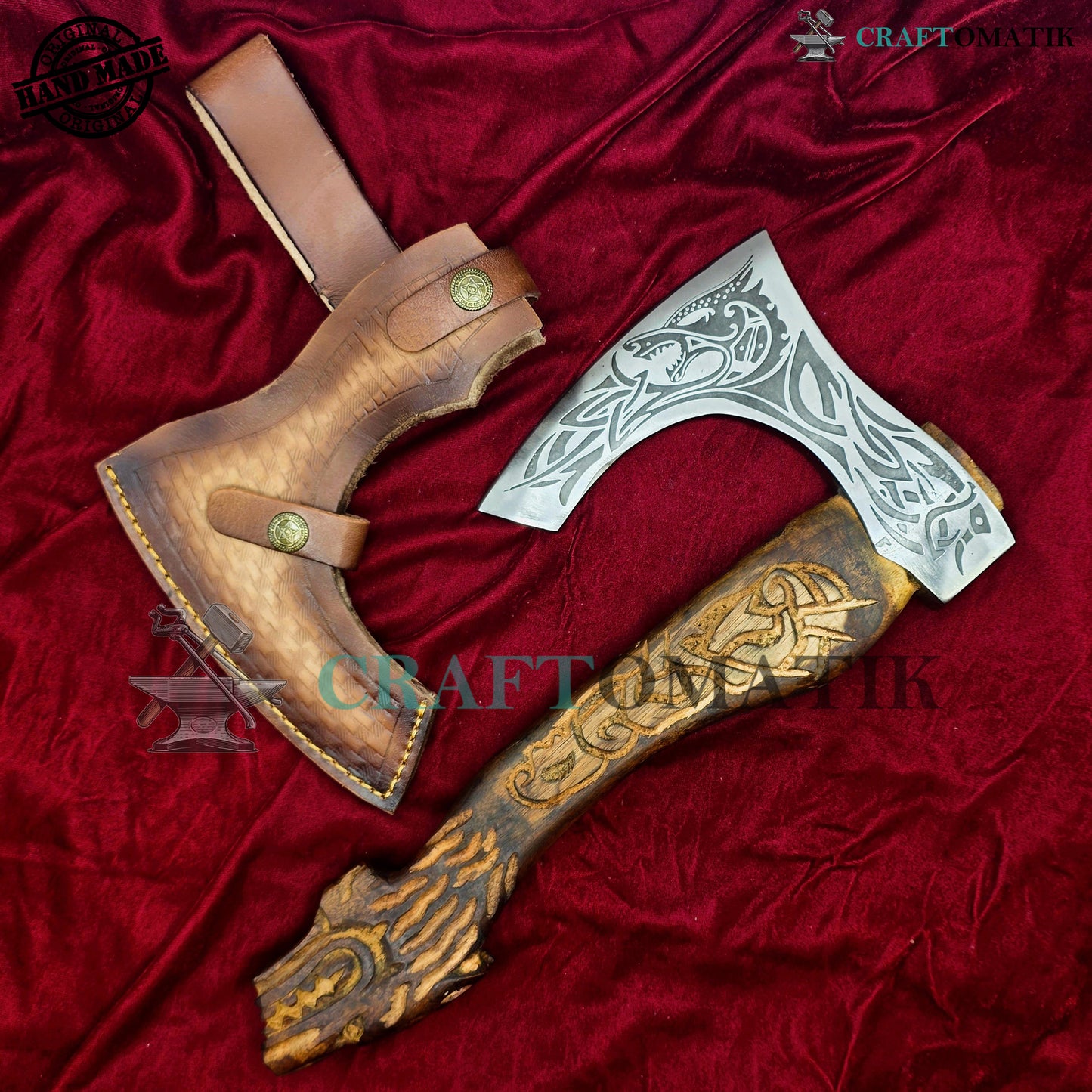 Viking Bearded Axe | Dragon Axe 33 cm / 13 inches| Garden and Outdoor Axe | 1045 High Carbon Steel blade | Dragon Engraved Wood Handle | Leather Sheath | Gift Axe | VAX07