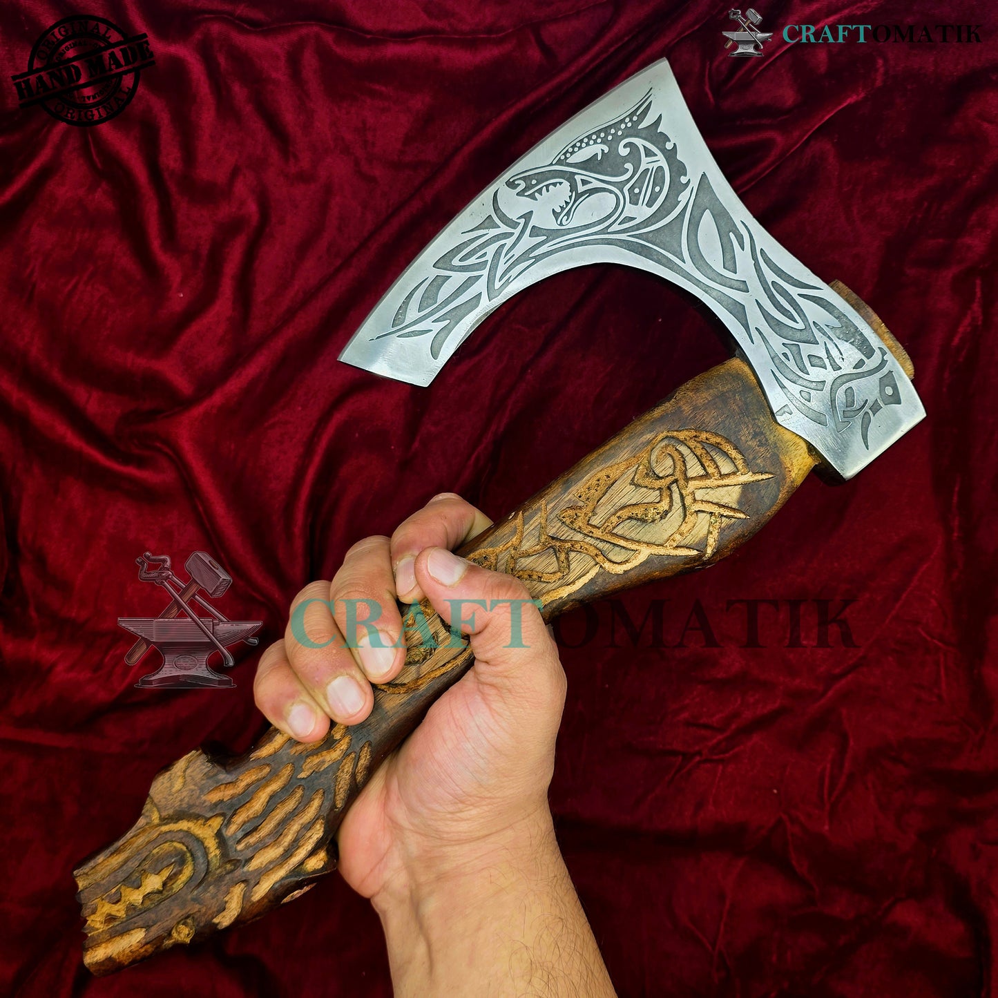 Viking Bearded Axe | Dragon Axe 33 cm / 13 inches| Garden and Outdoor Axe | 1045 High Carbon Steel blade | Dragon Engraved Wood Handle | Leather Sheath | Gift Axe | VAX07
