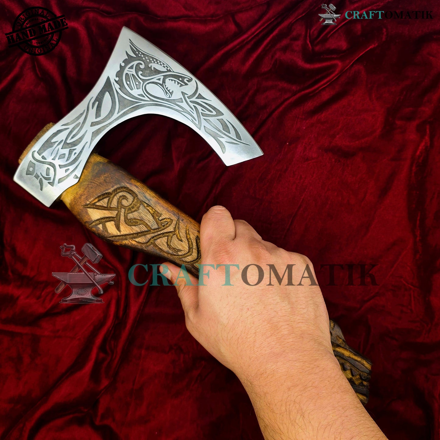 Viking Bearded Axe | Dragon Axe 33 cm / 13 inches| Garden and Outdoor Axe | 1045 High Carbon Steel blade | Dragon Engraved Wood Handle | Leather Sheath | Gift Axe | VAX07