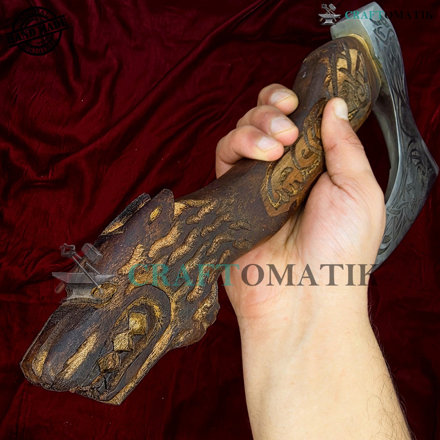 Viking Bearded Axe | Dragon Axe 33 cm / 13 inches| Garden and Outdoor Axe | 1045 High Carbon Steel blade | Dragon Engraved Wood Handle | Leather Sheath | Gift Axe | VAX07
