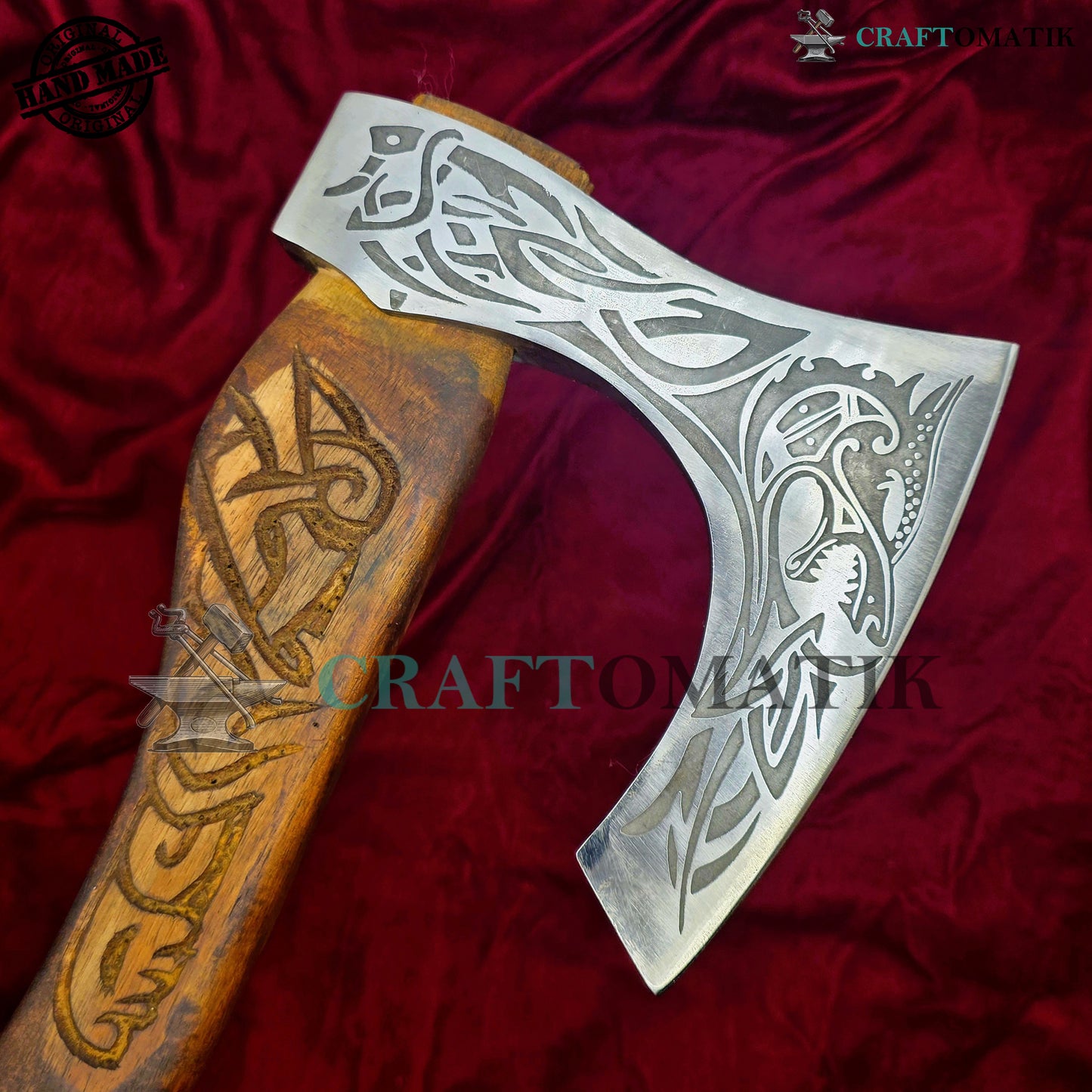 Viking Bearded Axe | Dragon Axe 33 cm / 13 inches| Garden and Outdoor Axe | 1045 High Carbon Steel blade | Dragon Engraved Wood Handle | Leather Sheath | Gift Axe | VAX07