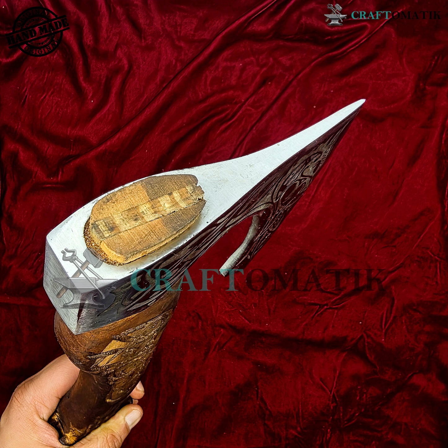 Viking Bearded Axe | Dragon Axe 33 cm / 13 inches| Garden and Outdoor Axe | 1045 High Carbon Steel blade | Dragon Engraved Wood Handle | Leather Sheath | Gift Axe | VAX07