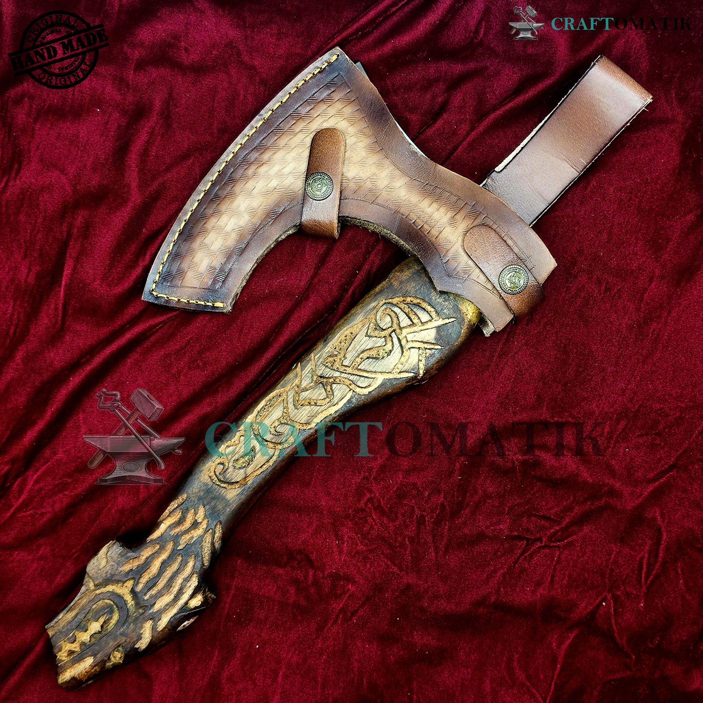 Viking Bearded Axe | Dragon Axe 33 cm / 13 inches| Garden and Outdoor Axe | 1045 High Carbon Steel blade | Dragon Engraved Wood Handle | Leather Sheath | Gift Axe | VAX07