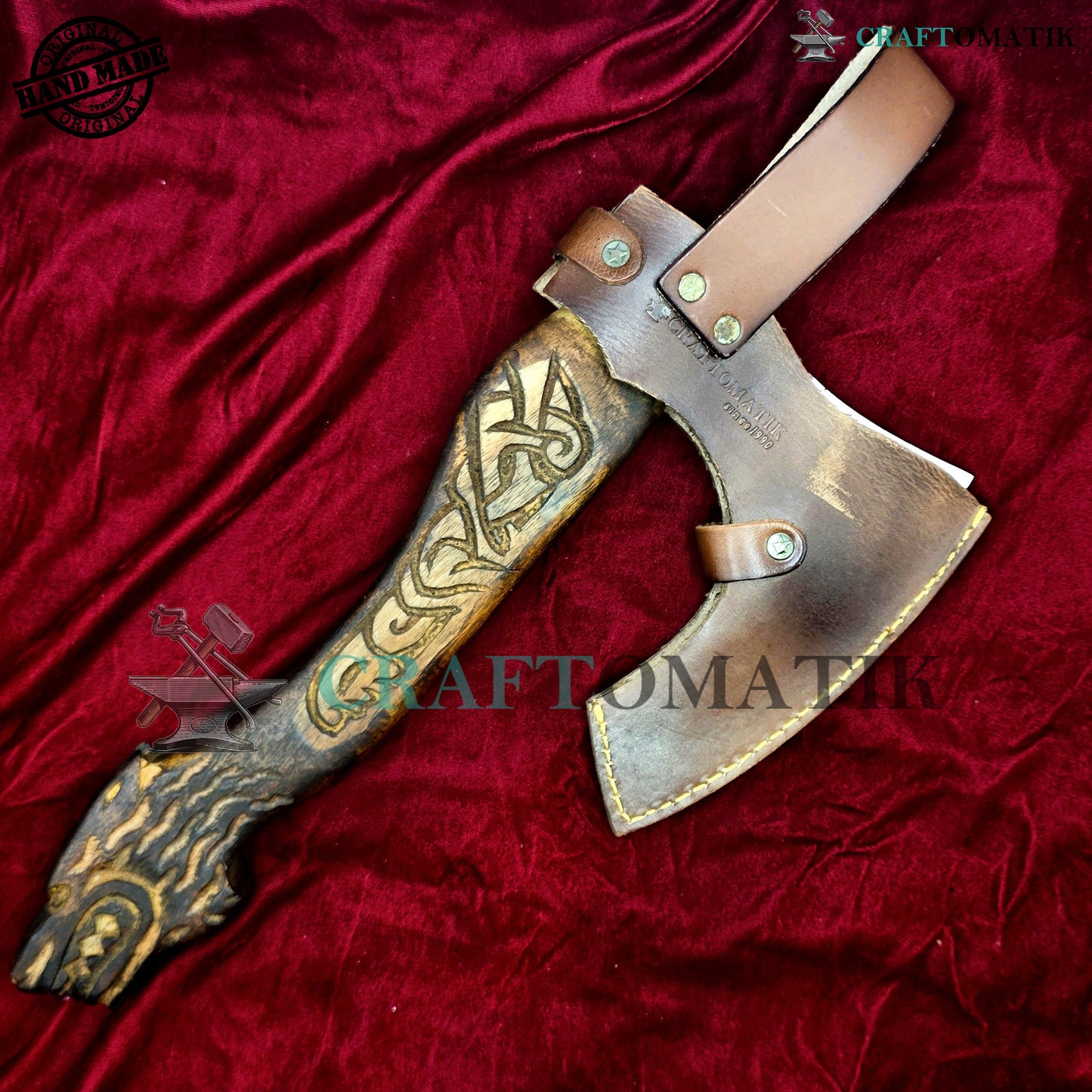 Viking Bearded Axe | Dragon Axe 33 cm / 13 inches| Garden and Outdoor Axe | 1045 High Carbon Steel blade | Dragon Engraved Wood Handle | Leather Sheath | Gift Axe | VAX07